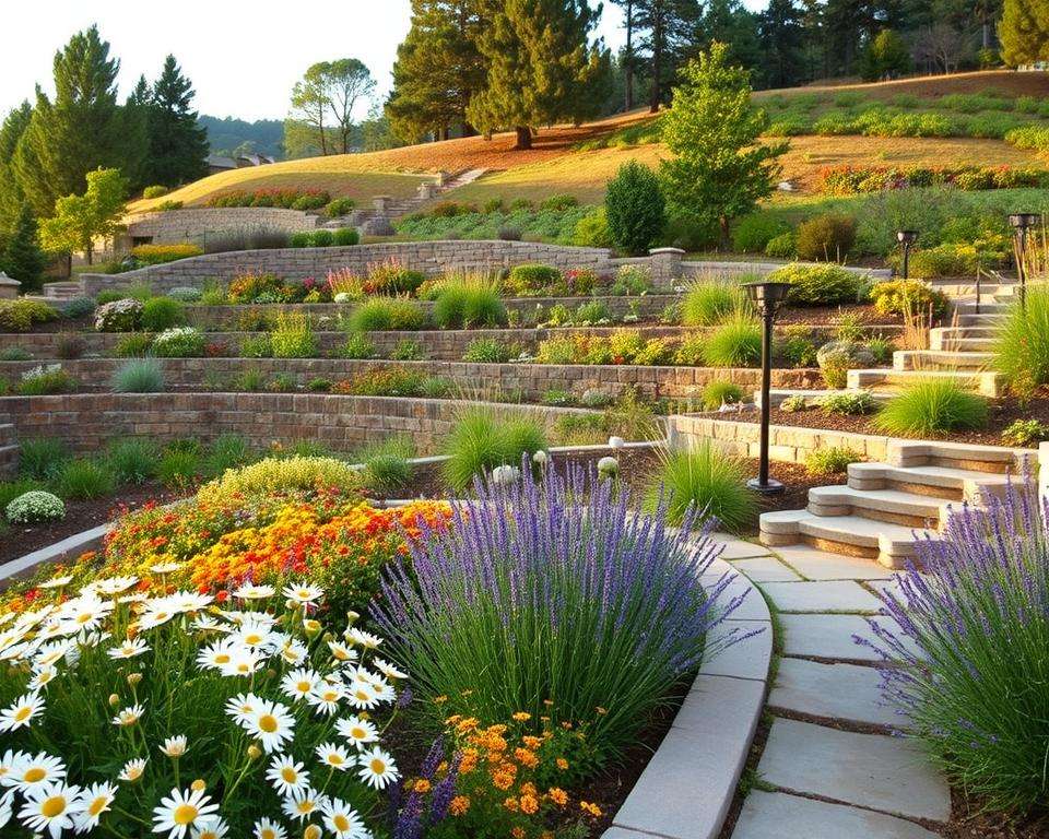 A scenic hillside garden beautifully designed with a variety of plants and landscaping features. In the foreground, neatly arranged flower beds bursting with vibrant colors, including daisies and lavender, alongside well-maintained paths made of natural stone. In the middle ground, a carefully constructed retaining wall supports the slope, and more plant varieties, such as ornamental grasses and low shrubs, are visible. The background showcases a gentle slope with taller trees that frame the garden, hinting at a lush hillside beyond. The scene is illuminated by soft, warm afternoon sunlight, creating a serene and inviting atmosphere. The angle is slightly elevated, providing a comprehensive view of the garden layout while avoiding any people or distractions. A scenic hillside garden beautifully designed with a variety of plants and landscaping features. In the foreground, neatly arranged flower beds bursting with vibrant colors, including daisies and lavender, alongside well-maintained paths made of natural stone. In the middle ground, a carefully constructed retaining wall supports the slope, and more plant varieties, such as ornamental grasses and low shrubs, are visible. The background showcases a gentle slope with taller trees that frame the garden, hinting at a lush hillside beyond. The scene is illuminated by soft, warm afternoon sunlight, creating a serene and inviting atmosphere. The angle is slightly elevated, providing a comprehensive view of the garden layout while avoiding any people or distractions.