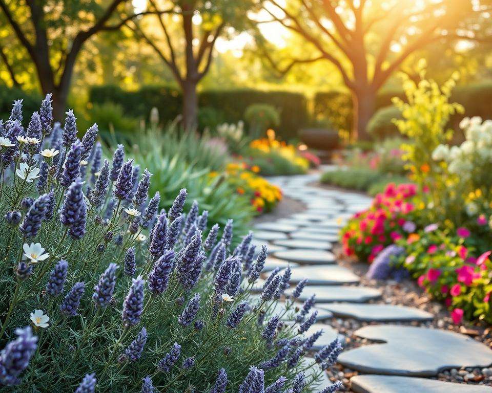 A serene "Duftpflanzen Garten" designed for relaxation, showcasing a harmonious blend of fragrant plants, soft textures, and seasonal blooms. In the foreground, include lush lavender and rosemary bushes, their vibrant greens interspersed with delicate white flowers. The middle ground features a winding path of smooth stones bordered by colorful perennials like geraniums and fragrant jasmine, creating a sense of movement. In the background, soft sunlight filters through a canopy of mature trees, casting dappled shadows across the garden. The scene should evoke tranquility, with warm, natural lighting that enhances the colors and textures of the foliage. Use a slight depth of field to focus on the plants while gently blurring the background, creating an inviting and peaceful atmosphere for relaxation.