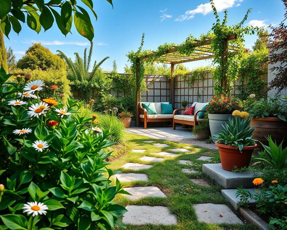 A serene and easy-to-maintain garden scene, designed for minimal effort yet maximum enjoyment. In the foreground, lush, vibrant green plants with hardy perennials and colorful flowers like daisies and marigolds, interspersed with attractive stone paths for easy walking. In the middle ground, a small, elegant seating area with comfortable, weather-resistant furniture, surrounded by planters filled with low-maintenance herbs and succulents. In the background, a neat trellis adorned with climbing vines under a clear blue sky, casting dappled sunlight across the garden. The atmosphere is peaceful and inviting, showcasing a harmonious blend of nature and relaxation. The scene should convey a practical yet beautiful garden, captured in bright, natural lighting with a slight emphasis on warmth. A serene and easy-to-maintain garden scene, designed for minimal effort yet maximum enjoyment. In the foreground, lush, vibrant green plants with hardy perennials and colorful flowers like daisies and marigolds, interspersed with attractive stone paths for easy walking. In the middle ground, a small, elegant seating area with comfortable, weather-resistant furniture, surrounded by planters filled with low-maintenance herbs and succulents. In the background, a neat trellis adorned with climbing vines under a clear blue sky, casting dappled sunlight across the garden. The atmosphere is peaceful and inviting, showcasing a harmonious blend of nature and relaxation. The scene should convey a practical yet beautiful garden, captured in bright, natural lighting with a slight emphasis on warmth.