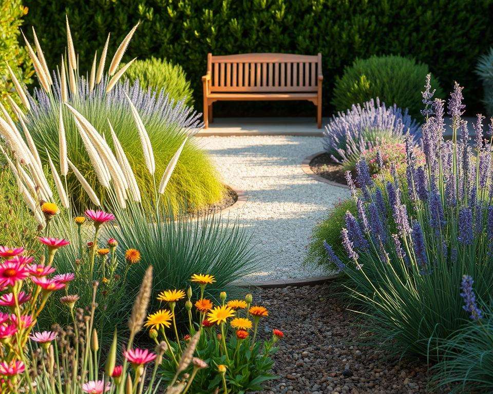 A serene and low-maintenance garden design featuring a variety of hardy, drought-resistant plants. In the foreground, there are clusters of vibrant wildflowers and ornamental grasses, providing color and texture. The middle ground showcases a neat gravel pathway lined with easy-to-maintain perennial plants like lavender and sedum. In the background, a simple wooden bench surrounded by lush shrubs creates a peaceful sitting area under gentle sunlight, with soft shadows adding depth. The atmosphere is tranquil and inviting, ideal for relaxation. Capture the scene from a slightly elevated angle, emphasizing the harmony of the natural elements, with warm, golden lighting that enhances the inviting and practical feel of the garden space. A serene and low-maintenance garden design featuring a variety of hardy, drought-resistant plants. In the foreground, there are clusters of vibrant wildflowers and ornamental grasses, providing color and texture. The middle ground showcases a neat gravel pathway lined with easy-to-maintain perennial plants like lavender and sedum. In the background, a simple wooden bench surrounded by lush shrubs creates a peaceful sitting area under gentle sunlight, with soft shadows adding depth. The atmosphere is tranquil and inviting, ideal for relaxation. Capture the scene from a slightly elevated angle, emphasizing the harmony of the natural elements, with warm, golden lighting that enhances the inviting and practical feel of the garden space.