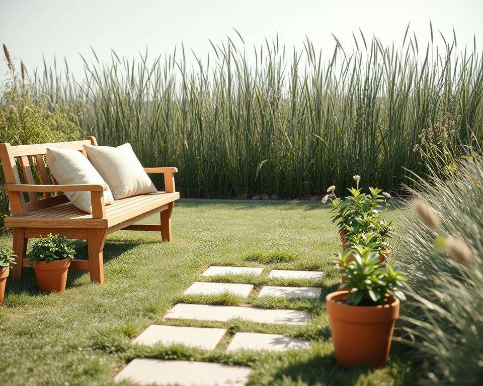 A serene and minimalist garden decor scene, featuring simple, natural elements. In the foreground, a wooden bench with soft, neutral cushions is positioned beside a small stone path. Delicate potted plants with green foliage are neatly arranged on either side, showcasing terracotta pots. The middle ground consists of a gentle, unkempt lawn with a few wildflowers peeking through, creating a natural feel. In the background, tall grasses sway slightly in a soft breeze against a clear sky, capturing the essence of tranquility. The atmosphere is bright and calm, illuminated by soft, natural sunlight. Shot from a slight angle to emphasize depth, creating an inviting oasis of relaxation. No text or watermarks present.
