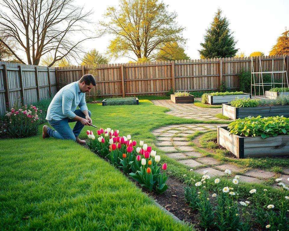A serene and organized garden scene reflecting the concept of "time investment in garden maintenance." In the foreground, a well-manicured lawn borders a vibrant flower bed flourishing with tulips and daisies, where a person in casual yet professional attire kneels to prune the plants, emphasizing the weekly maintenance effort. The middle ground features a well-maintained pathway leading to neatly arranged raised vegetable beds, showcasing a variety of fresh produce. In the background, a rustic wooden fence and a few trees provide a tranquil backdrop, bathed in soft golden hour sunlight that casts gentle shadows. The overall mood is one of peaceful productivity, symbolizing the rewards of careful planning and realistic time allocation for garden care. The angle is slightly elevated, capturing the breadth of the garden layout and its lush greenery. A serene and organized garden scene reflecting the concept of "time investment in garden maintenance." In the foreground, a well-manicured lawn borders a vibrant flower bed flourishing with tulips and daisies, where a person in casual yet professional attire kneels to prune the plants, emphasizing the weekly maintenance effort. The middle ground features a well-maintained pathway leading to neatly arranged raised vegetable beds, showcasing a variety of fresh produce. In the background, a rustic wooden fence and a few trees provide a tranquil backdrop, bathed in soft golden hour sunlight that casts gentle shadows. The overall mood is one of peaceful productivity, symbolizing the rewards of careful planning and realistic time allocation for garden care. The angle is slightly elevated, capturing the breadth of the garden layout and its lush greenery.