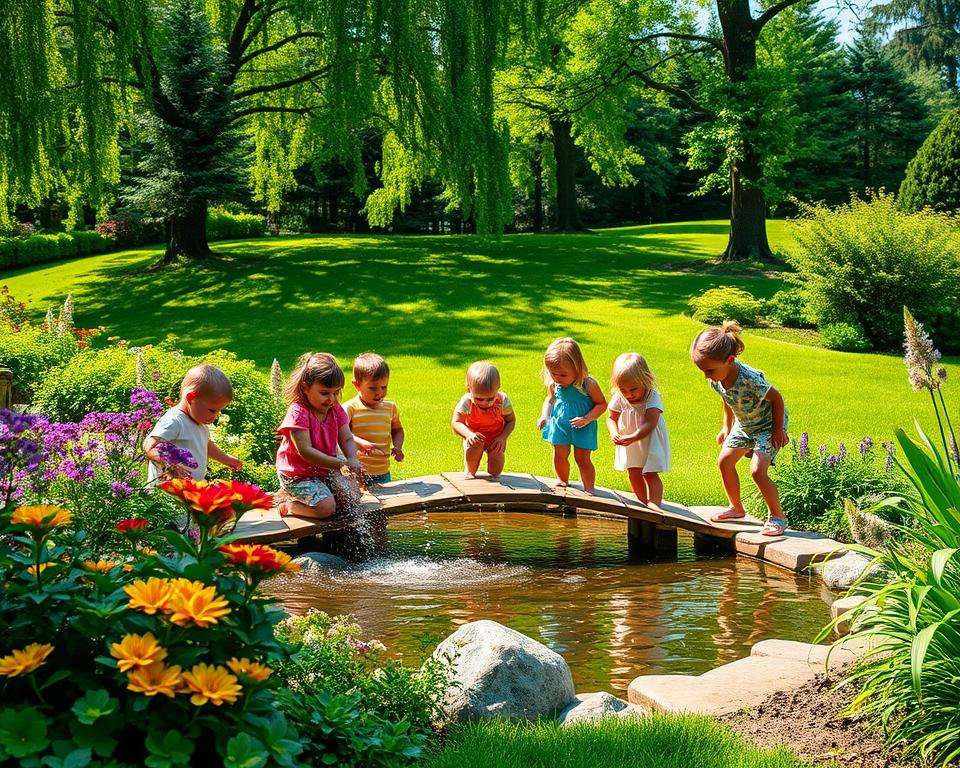 A serene family garden scene showcasing a small pond surrounded by lush greenery. In the foreground, several children play joyfully, splashing water as they dip their hands into the pond, dressed in colorful, modest summer clothes. In the middle ground, the pond is framed by vibrant flowering plants and a variety of textured foliage, with a small wooden bridge arching over the water. The background features a gently sloping lawn leading to tall trees, dappled sunlight filtering through the leaves. The atmosphere is cheerful and inviting, capturing the essence of a relaxing family space. The image is bright and well-lit, taken from a slightly elevated angle to encompass the playful scene while maintaining a natural, warm color palette. A serene family garden scene showcasing a small pond surrounded by lush greenery. In the foreground, several children play joyfully, splashing water as they dip their hands into the pond, dressed in colorful, modest summer clothes. In the middle ground, the pond is framed by vibrant flowering plants and a variety of textured foliage, with a small wooden bridge arching over the water. The background features a gently sloping lawn leading to tall trees, dappled sunlight filtering through the leaves. The atmosphere is cheerful and inviting, capturing the essence of a relaxing family space. The image is bright and well-lit, taken from a slightly elevated angle to encompass the playful scene while maintaining a natural, warm color palette.