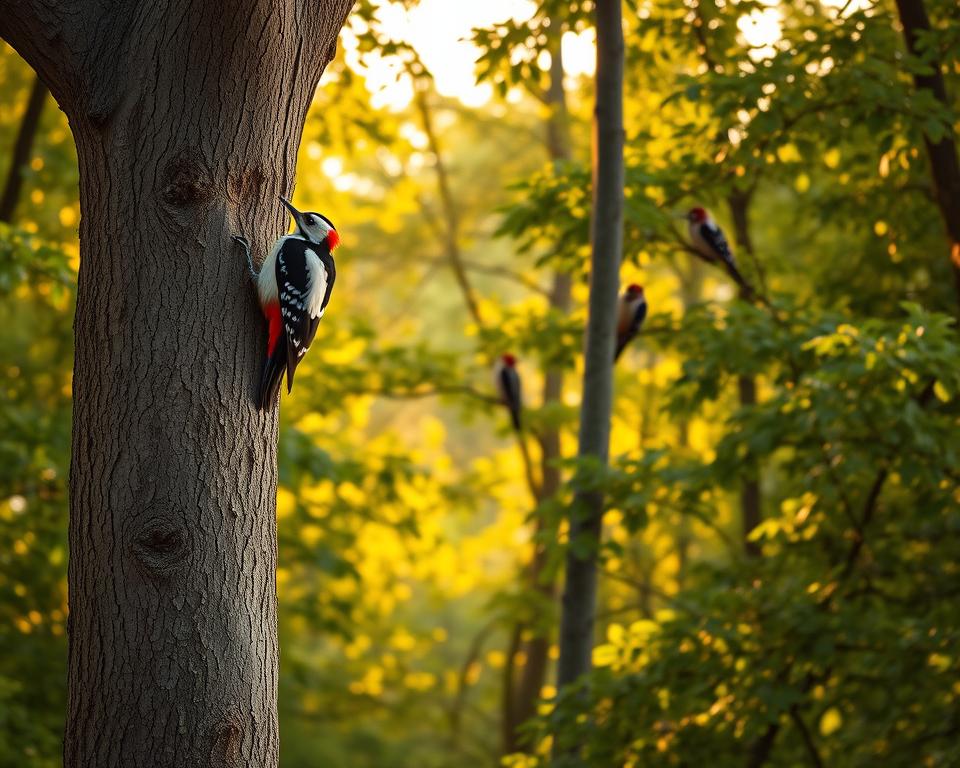 A serene forest landscape in Germany during golden hour, highlighting the magnificence of various woodpecker species in their natural habitat. In the foreground, a vibrant Great Spotted Woodpecker clings to the bark of a tall oak tree, its striking black and white feathers contrasting beautifully with the tree’s earthy tones. In the middle ground, a pair of Lesser Spotted Woodpeckers can be seen fluttering among branches, while a Red-headed Woodpecker peeks out from a hollow. The background features a soft-focus of dense green foliage, with dappled sunlight filtering through the leaves, creating a warm and inviting atmosphere. Use a shallow depth of field to emphasize the woodpeckers, capturing the essence of wildlife conservation and the importance of protecting these species in Germany. A serene forest landscape in Germany during golden hour, highlighting the magnificence of various woodpecker species in their natural habitat. In the foreground, a vibrant Great Spotted Woodpecker clings to the bark of a tall oak tree, its striking black and white feathers contrasting beautifully with the tree’s earthy tones. In the middle ground, a pair of Lesser Spotted Woodpeckers can be seen fluttering among branches, while a Red-headed Woodpecker peeks out from a hollow. The background features a soft-focus of dense green foliage, with dappled sunlight filtering through the leaves, creating a warm and inviting atmosphere. Use a shallow depth of field to emphasize the woodpeckers, capturing the essence of wildlife conservation and the importance of protecting these species in Germany.