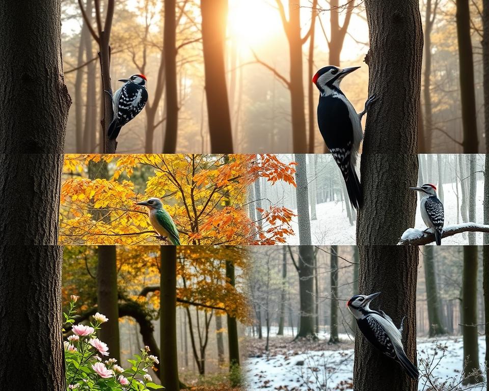 A serene forest scene showcasing various woodpecker species across the four seasons, each section representing a different time of year. In the foreground, a great spotted woodpecker clings to a tree trunk, while a green woodpecker forages below in springtime blooms. The middle layer reveals a majestic black woodpecker pecking at a sturdy tree, surrounded by colorful autumn foliage. In the background, a snowy landscape reflects the tranquility of winter, with a lesser spotted woodpecker perched on a frost-covered branch. Soft, diffused sunlight filters through the trees, creating a warm, inviting atmosphere. The shot captures a wide-angle view, emphasizing the diversity and beauty of woodpeckers in their natural habitats throughout the seasons. A serene forest scene showcasing various woodpecker species across the four seasons, each section representing a different time of year. In the foreground, a great spotted woodpecker clings to a tree trunk, while a green woodpecker forages below in springtime blooms. The middle layer reveals a majestic black woodpecker pecking at a sturdy tree, surrounded by colorful autumn foliage. In the background, a snowy landscape reflects the tranquility of winter, with a lesser spotted woodpecker perched on a frost-covered branch. Soft, diffused sunlight filters through the trees, creating a warm, inviting atmosphere. The shot captures a wide-angle view, emphasizing the diversity and beauty of woodpeckers in their natural habitats throughout the seasons.