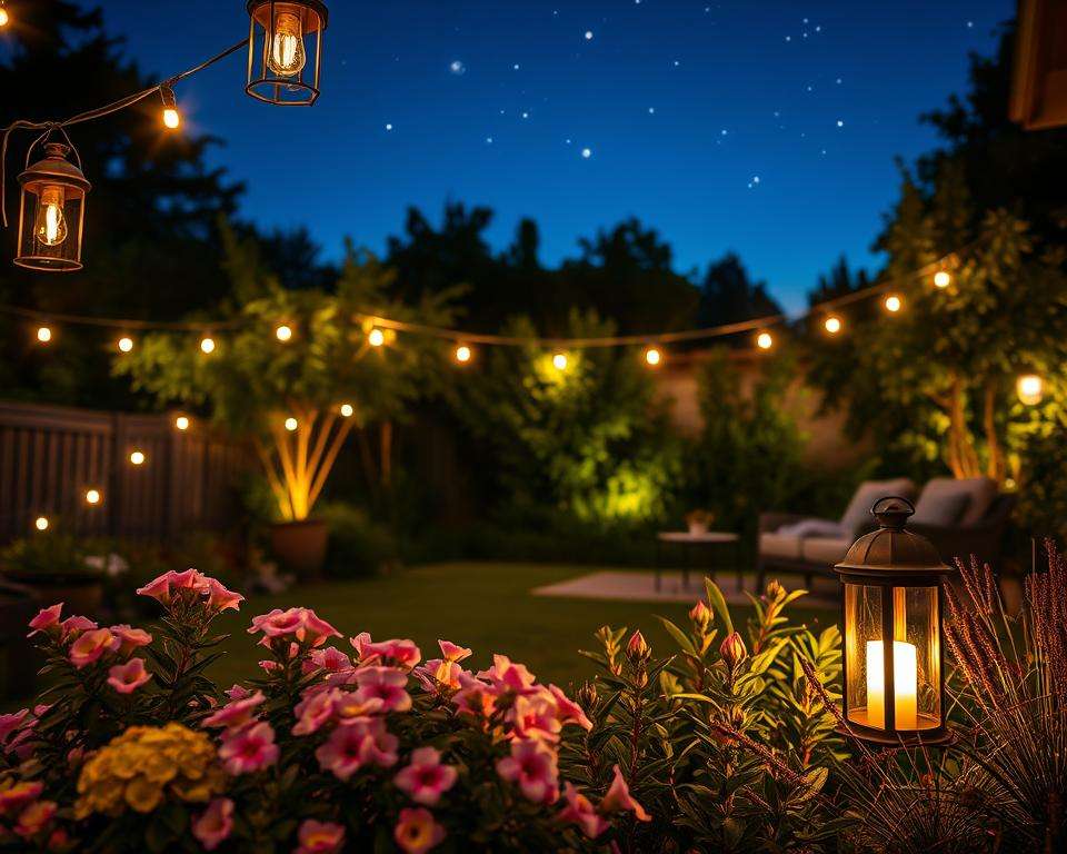 A serene garden at twilight, softly illuminated by various stylish garden lights. In the foreground, a well-tended flower bed with blooming plants glows under delicate string lights and elegant lanterns. In the middle ground, a cozy seating area features comfortable chairs surrounded by gentle, warm light, casting soft shadows. The background reveals lush greenery under a deep blue sky with scattered stars, highlighting the tranquility of the scene. The lighting is warm and inviting, creating a peaceful atmosphere perfect for evening relaxation. Use a wide-angle lens to capture the depth of the garden, emphasizing the enchanting interplay of light and nature. The overall mood is serene and inviting, ideal for a tranquil escape.