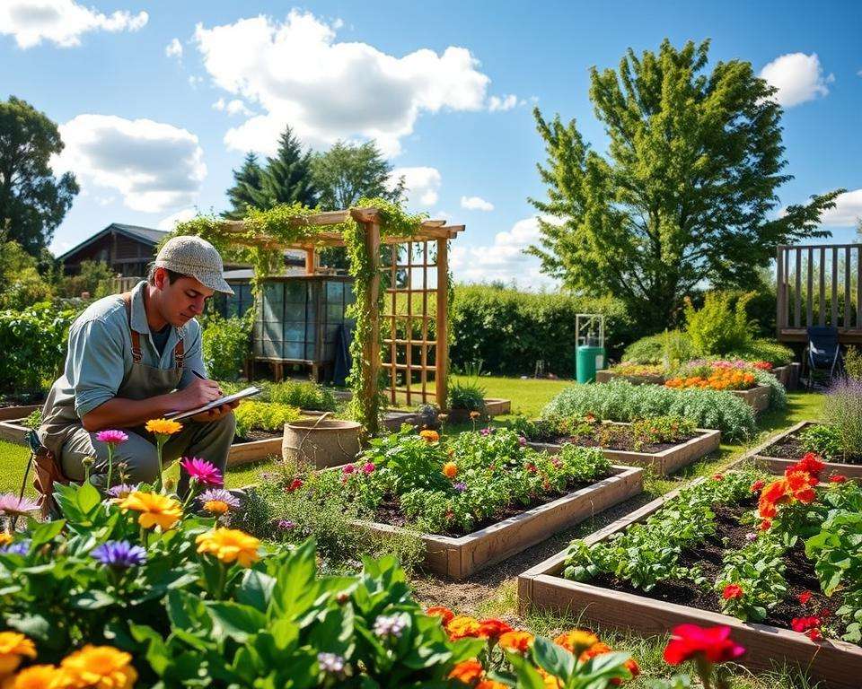 A serene garden inventory scene showcasing an intricately designed small garden. In the foreground, a professional gardener, dressed in casual yet tidy clothing, kneels beside a variety of colorful flowers and leafy greens, jotting down notes in a notebook. The middle ground reveals neatly arranged garden beds, bursting with vibrant plants and vegetables, with a wooden trellis adorned with climbing vines. In the background, a clear blue sky stretches above, dotted with fluffy white clouds, while a few trees provide dappled shade. Soft sunlight filters through the leaves, casting gentle shadows on the garden floor. The overall mood is calm and focused, embodying the spirit of thoughtful planning in garden design. Capture the scene from a slightly elevated angle to encompass the whole garden layout harmoniously. A serene garden inventory scene showcasing an intricately designed small garden. In the foreground, a professional gardener, dressed in casual yet tidy clothing, kneels beside a variety of colorful flowers and leafy greens, jotting down notes in a notebook. The middle ground reveals neatly arranged garden beds, bursting with vibrant plants and vegetables, with a wooden trellis adorned with climbing vines. In the background, a clear blue sky stretches above, dotted with fluffy white clouds, while a few trees provide dappled shade. Soft sunlight filters through the leaves, casting gentle shadows on the garden floor. The overall mood is calm and focused, embodying the spirit of thoughtful planning in garden design. Capture the scene from a slightly elevated angle to encompass the whole garden layout harmoniously.