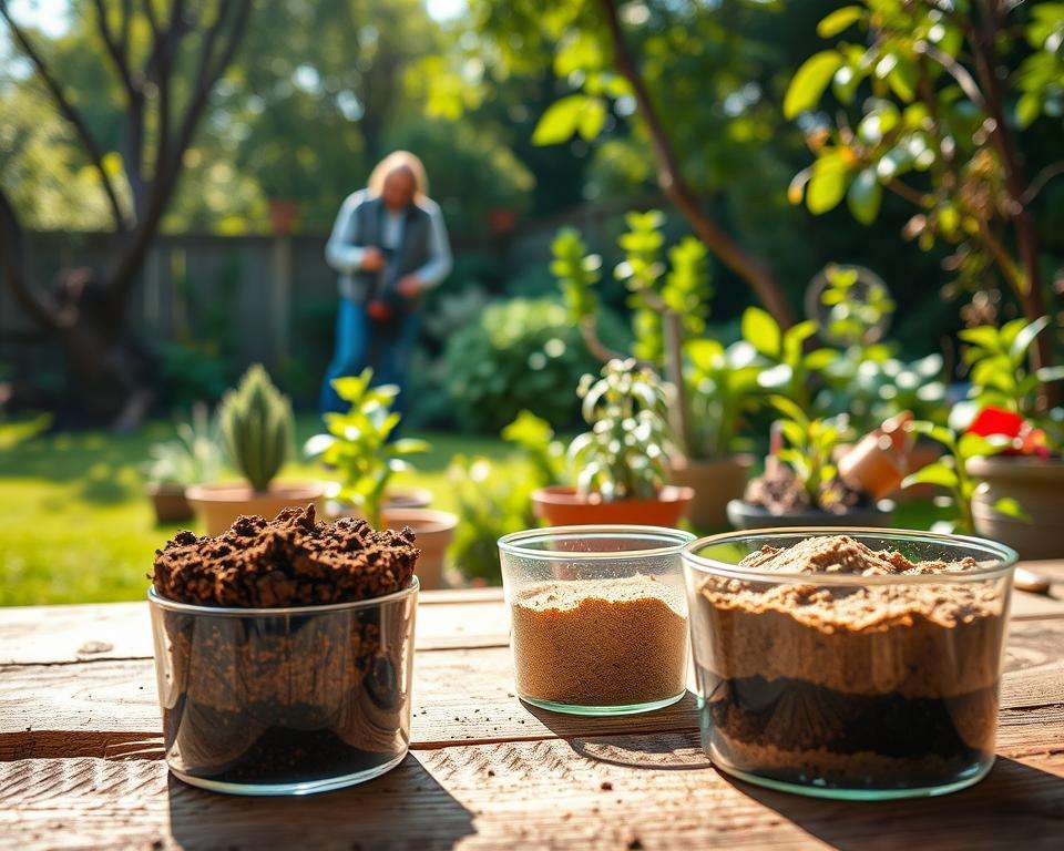 A serene garden landscape showcasing a detailed soil analysis scene. In the foreground, vibrant soil samples in clear containers are placed on a textured wooden surface, showcasing various layers of rich, dark earth and lighter sandy soil. In the middle ground, a gardener in smart casual clothing observes the soil with a magnifying glass, surrounded by potted plants and gardening tools, highlighting the attention to detail in understanding soil quality. The background features a lush garden with sunlight streaming through the trees, casting playful shadows and illuminating a variety of plants, demonstrating healthy growth. The atmosphere is tranquil and focused, emphasizing the importance of soil analysis in garden planning. The lighting is soft and natural, creating an inviting and warm mood. A serene garden landscape showcasing a detailed soil analysis scene. In the foreground, vibrant soil samples in clear containers are placed on a textured wooden surface, showcasing various layers of rich, dark earth and lighter sandy soil. In the middle ground, a gardener in smart casual clothing observes the soil with a magnifying glass, surrounded by potted plants and gardening tools, highlighting the attention to detail in understanding soil quality. The background features a lush garden with sunlight streaming through the trees, casting playful shadows and illuminating a variety of plants, demonstrating healthy growth. The atmosphere is tranquil and focused, emphasizing the importance of soil analysis in garden planning. The lighting is soft and natural, creating an inviting and warm mood.