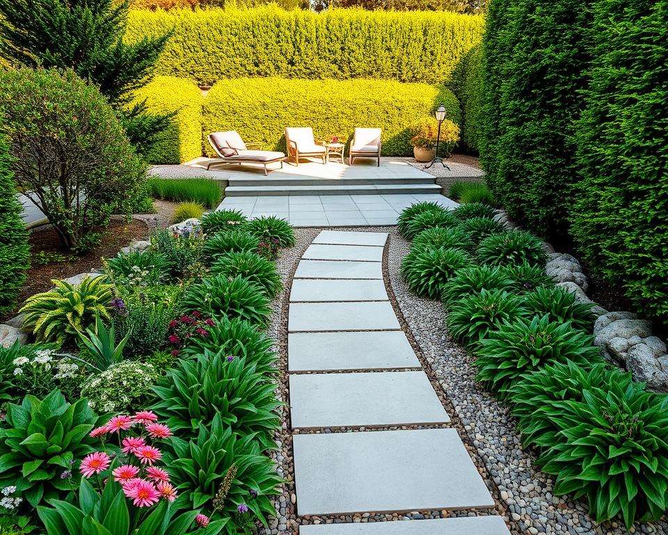 A serene garden pathway designed for low maintenance, featuring smooth stone pavers interspersed with lush, hardy ground cover plants. In the foreground, colorful perennial flowers add a pop of vibrancy, while decorative gravel borders frame the path. The middle ground displays a well-laid terrace made of durable composite materials, providing a seamless transition to a cozy seating area with elegant outdoor furniture. The background showcases a gentle rise of flourishing green shrubs and trees, bathed in soft morning light that casts long shadows, enhancing the tranquil atmosphere. A slight overhead angle captures the layout, highlighting the accessibility and inviting nature of the garden paths. A serene garden pathway designed for low maintenance, featuring smooth stone pavers interspersed with lush, hardy ground cover plants. In the foreground, colorful perennial flowers add a pop of vibrancy, while decorative gravel borders frame the path. The middle ground displays a well-laid terrace made of durable composite materials, providing a seamless transition to a cozy seating area with elegant outdoor furniture. The background showcases a gentle rise of flourishing green shrubs and trees, bathed in soft morning light that casts long shadows, enhancing the tranquil atmosphere. A slight overhead angle captures the layout, highlighting the accessibility and inviting nature of the garden paths.