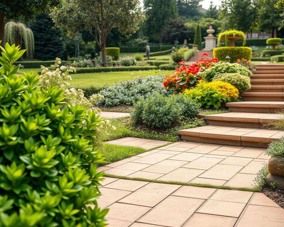 A serene garden pathway featuring "rutschfeste Wege" designed for safety and accessibility. In the foreground, vibrant green foliage borders the path, with textured, slip-resistant tiles in warm earthy tones. Midground includes gentle slopes leading to well-placed, sturdy steps made of natural stone, each step adorned with cascading plants enhancing the natural feel. The background showcases a lush garden filled with colorful flowers, small bushes, and trees, creating a peaceful ambiance. Soft, diffused morning light bathes the scene, highlighting the smooth surfaces of the paths. A wide-angle perspective captures the inviting nature of the garden, promoting a sense of tranquility and security, perfect for all visitors. A serene garden pathway featuring "rutschfeste Wege" designed for safety and accessibility. In the foreground, vibrant green foliage borders the path, with textured, slip-resistant tiles in warm earthy tones. Midground includes gentle slopes leading to well-placed, sturdy steps made of natural stone, each step adorned with cascading plants enhancing the natural feel. The background showcases a lush garden filled with colorful flowers, small bushes, and trees, creating a peaceful ambiance. Soft, diffused morning light bathes the scene, highlighting the smooth surfaces of the paths. A wide-angle perspective captures the inviting nature of the garden, promoting a sense of tranquility and security, perfect for all visitors.