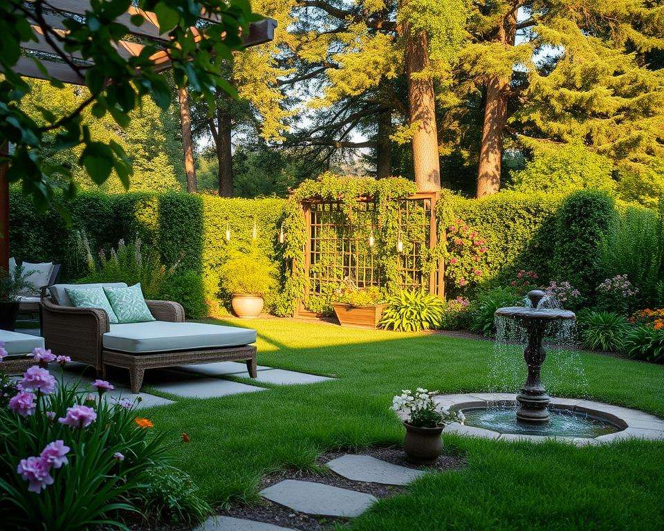 A serene garden retreat, showcasing a tranquil "Ruhezone" with comfortable outdoor furniture like a cozy chaise lounge and plush cushions under a shaded pergola. Lush greenery surrounds the area, featuring flowering plants and soft grass underfoot. In the foreground, a small stone path leads to a gently bubbling fountain, adding a soothing element. The middle ground includes colorful blooming flowers and a discreet trellis adorned with climbing vines, enhancing the sense of privacy. In the background, tall trees provide shelter, filtering soft, dappled sunlight that creates a warm and inviting atmosphere. The scene captures early evening light, casting long shadows while maintaining a peaceful and relaxing ambiance, perfect for unwinding. A serene garden retreat, showcasing a tranquil "Ruhezone" with comfortable outdoor furniture like a cozy chaise lounge and plush cushions under a shaded pergola. Lush greenery surrounds the area, featuring flowering plants and soft grass underfoot. In the foreground, a small stone path leads to a gently bubbling fountain, adding a soothing element. The middle ground includes colorful blooming flowers and a discreet trellis adorned with climbing vines, enhancing the sense of privacy. In the background, tall trees provide shelter, filtering soft, dappled sunlight that creates a warm and inviting atmosphere. The scene captures early evening light, casting long shadows while maintaining a peaceful and relaxing ambiance, perfect for unwinding.