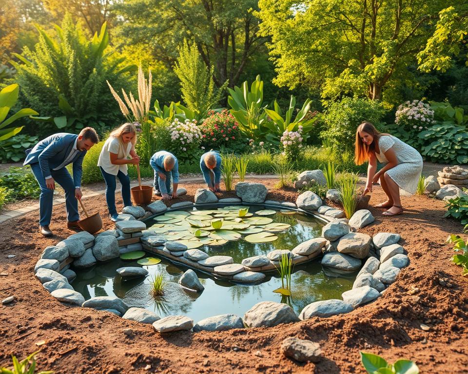 A serene garden scene depicting a natural pond being constructed step-by-step. In the foreground, a diverse group of carefully dressed individuals are collaborating, one digging, another organizing rocks, and a third placing aquatic plants. The middle section shows the pond taking shape, with clear water, emerging lily pads, and natural stones surrounding it. In the background, lush greenery and flowering plants create a tranquil ambiance. Soft, golden sunlight filters through the trees, casting gentle shadows and illuminating the freshly disturbed earth. The mood is peaceful and productive, emphasizing harmony with nature. Use a slightly elevated angle to capture the entire scene while keeping details crisp and clear. Focus on vibrant colors and a natural aesthetic.