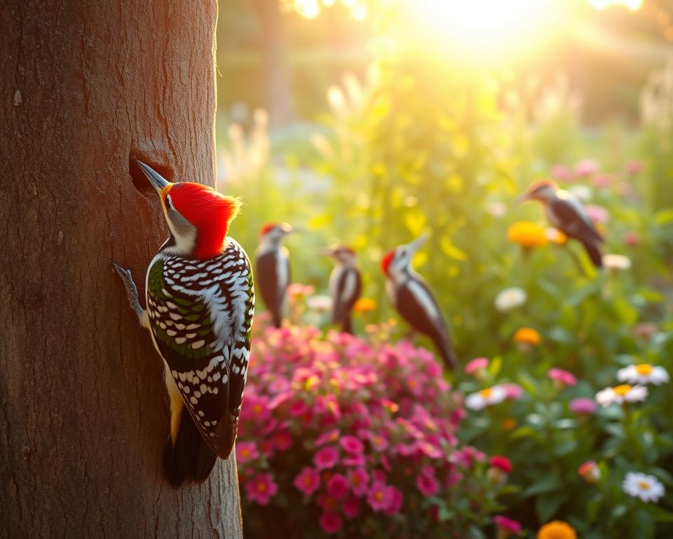 A serene garden scene during the golden hour, showcasing a variety of woodpecker species engaging in feeding behavior on a large tree trunk. In the foreground, a vibrant green and brown-speckled great spotted woodpecker is pecking at the bark, its striking red crown illuminated by the warm sunlight. In the middle ground, a few other woodpeckers, such as the black woodpecker and the lesser spotted woodpecker, are visible, harmonizing in their natural behavior. The background features lush greenery and colorful flowers, creating a tranquil atmosphere. The lighting is soft and golden, enhancing the vivid colors of the birds and the foliage. The image captures a peaceful moment in nature, inviting viewers to appreciate the beauty of these birds in a well-maintained garden setting. A serene garden scene during the golden hour, showcasing a variety of woodpecker species engaging in feeding behavior on a large tree trunk. In the foreground, a vibrant green and brown-speckled great spotted woodpecker is pecking at the bark, its striking red crown illuminated by the warm sunlight. In the middle ground, a few other woodpeckers, such as the black woodpecker and the lesser spotted woodpecker, are visible, harmonizing in their natural behavior. The background features lush greenery and colorful flowers, creating a tranquil atmosphere. The lighting is soft and golden, enhancing the vivid colors of the birds and the foliage. The image captures a peaceful moment in nature, inviting viewers to appreciate the beauty of these birds in a well-maintained garden setting.