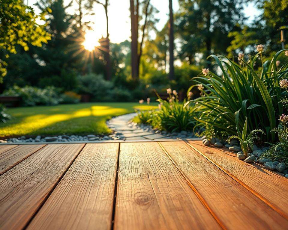 A serene garden scene showcasing a harmonious blend of materials: rich, textured wooden planks forming a sturdy deck in the foreground, scattered pebbles and smooth natural stones adding a touch of sophistication in the middle ground. Surrounding lush greenery enhances the natural ambiance, with delicate plants peeking out from the edges. The background features a soft blur of tall trees bathed in dappled sunlight, creating a warm and inviting atmosphere. The scene is captured with a wide-angle lens, focusing on the interplay of materials while emphasizing the tranquil landscape. The lighting is soft and golden, conveying a calming twilight mood, perfect for a peaceful garden retreat.