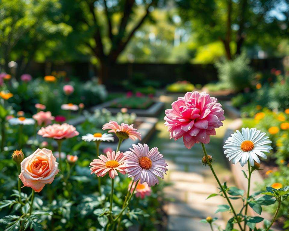 A serene garden scene showcasing a variety of blooming flowers and lush greenery, emphasizing the importance of high-resolution images for nature photography. In the foreground, vibrant blossoms like roses and daisies catch the sunlight, with dew drops glistening on their petals. The middle ground features neatly arranged garden beds and a gentle, winding path leading deeper into the garden. In the background, soft-focus trees provide shade, while dappled sunlight filters through, creating a warm, inviting atmosphere. Utilize a shallow depth of field to highlight the flowers in crisp detail, capturing the essence of clarity and color contrast, suggesting optimal resolution for high-quality calendar images. The mood should be peaceful and inspiring, embodying the beauty of nature photography.