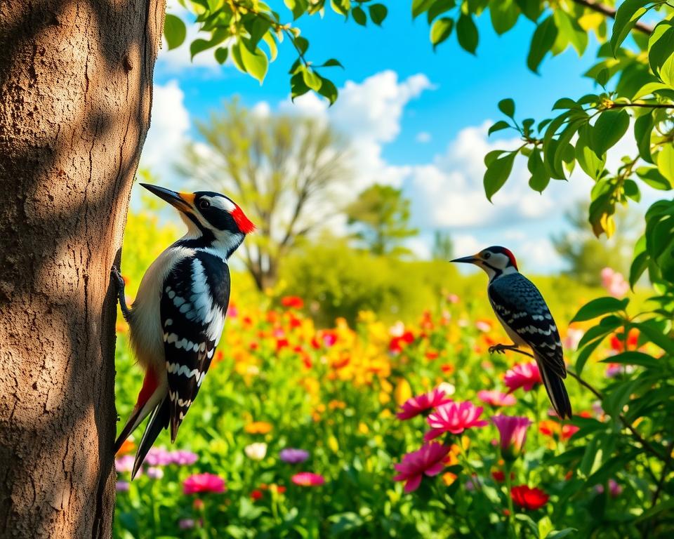 A serene garden scene showcasing a variety of woodpeckers in their natural habitat. In the foreground, a male Great Spotted Woodpecker with its striking black and white feathers pecks at a tree trunk, while a female Lesser Spotted Woodpecker observes from a branch nearby. In the middle ground, vibrant flowers and lush green foliage create a vivid backdrop of a blooming garden, reflecting the vibrant colors of spring. Sunlight filters through the leaves, casting gentle dappled shadows on the ground, creating a warm and inviting atmosphere. The background features a clear blue sky with soft, fluffy clouds, enhancing the sense of tranquility. The overall mood is peaceful and harmonious, perfect for birdwatching enthusiasts. The scene should be captured with a slight depth of field to focus on the woodpeckers, creating an intimate feel in this lively setting. A serene garden scene showcasing a variety of woodpeckers in their natural habitat. In the foreground, a male Great Spotted Woodpecker with its striking black and white feathers pecks at a tree trunk, while a female Lesser Spotted Woodpecker observes from a branch nearby. In the middle ground, vibrant flowers and lush green foliage create a vivid backdrop of a blooming garden, reflecting the vibrant colors of spring. Sunlight filters through the leaves, casting gentle dappled shadows on the ground, creating a warm and inviting atmosphere. The background features a clear blue sky with soft, fluffy clouds, enhancing the sense of tranquility. The overall mood is peaceful and harmonious, perfect for birdwatching enthusiasts. The scene should be captured with a slight depth of field to focus on the woodpeckers, creating an intimate feel in this lively setting.
