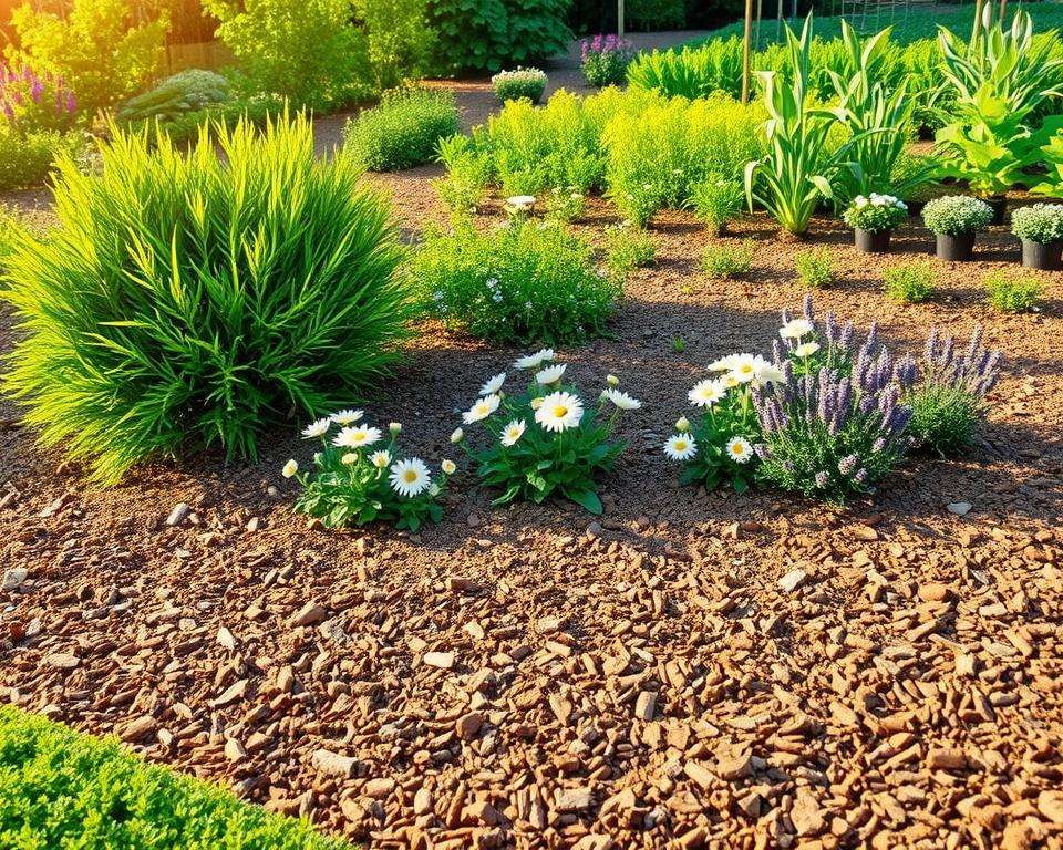 A serene garden scene showcasing a well-maintained mulched area, vibrant with healthy plants and colorful flowers. In the foreground, fresh mulch creates a rich, textured layer around perennial bushes and ground-cover plants, significantly reducing weed visibility. The middle ground features a variety of ornamental plants, such as daisies and lavender, thriving thanks to their protective mulch. In the background, a neatly arranged vegetable patch can be seen, emphasizing the benefits of mulching for easy maintenance. Soft, golden sunlight bathes the scene, casting gentle shadows and highlighting the lush greens and vivid colors. The overall atmosphere is calming and harmonious, reflecting the beauty and functionality of a low-maintenance garden. A serene garden scene showcasing a well-maintained mulched area, vibrant with healthy plants and colorful flowers. In the foreground, fresh mulch creates a rich, textured layer around perennial bushes and ground-cover plants, significantly reducing weed visibility. The middle ground features a variety of ornamental plants, such as daisies and lavender, thriving thanks to their protective mulch. In the background, a neatly arranged vegetable patch can be seen, emphasizing the benefits of mulching for easy maintenance. Soft, golden sunlight bathes the scene, casting gentle shadows and highlighting the lush greens and vivid colors. The overall atmosphere is calming and harmonious, reflecting the beauty and functionality of a low-maintenance garden.