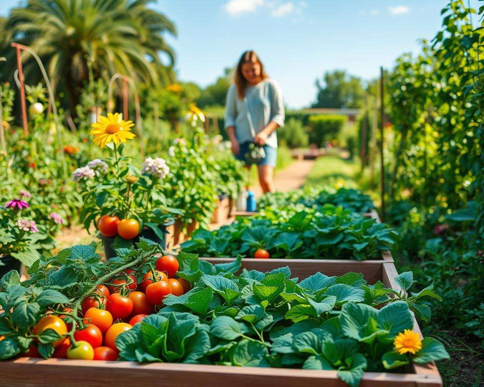 A serene garden setting showcasing a low-maintenance vegetable bed. In the foreground, a neatly organized raised bed features a variety of colorful, healthy plants like tomatoes, peppers, and leafy greens, arranged with optimal spacing for growth. Surrounding the bed are lush green pathways with native flowers, promoting biodiversity. In the middle ground, a gardener, dressed in modest casual clothing, gently tends to the plants, exuding a sense of tranquility and connection to nature. The background features soft sunlight filtering through a clear blue sky, creating a warm and inviting atmosphere. The scene captures the essence of easy gardening, emphasizing simplicity and enjoyment in nurturing one's own food garden. A serene garden setting showcasing a low-maintenance vegetable bed. In the foreground, a neatly organized raised bed features a variety of colorful, healthy plants like tomatoes, peppers, and leafy greens, arranged with optimal spacing for growth. Surrounding the bed are lush green pathways with native flowers, promoting biodiversity. In the middle ground, a gardener, dressed in modest casual clothing, gently tends to the plants, exuding a sense of tranquility and connection to nature. The background features soft sunlight filtering through a clear blue sky, creating a warm and inviting atmosphere. The scene captures the essence of easy gardening, emphasizing simplicity and enjoyment in nurturing one's own food garden.