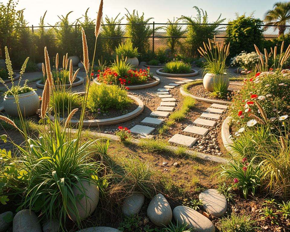 A serene garden space demonstrating common design mistakes in low-maintenance landscaping. In the foreground, feature overgrown plants and weeds entangled with decorative stones, illustrating neglect. The middle ground should showcase a misalignment of garden beds with unevenly placed pathways, surrounded by vibrant but chaotic patches of flowers. The background reveals a sunny sky casting warm, soft lighting over the scene, emphasizing the garden's cluttered nature. Use a slightly elevated angle to capture the overall layout of the garden, evoking a sense of disarray but also potential. The mood should balance between frustration and enlightenment, reflecting the journey of learning from these gardening errors. A serene garden space demonstrating common design mistakes in low-maintenance landscaping. In the foreground, feature overgrown plants and weeds entangled with decorative stones, illustrating neglect. The middle ground should showcase a misalignment of garden beds with unevenly placed pathways, surrounded by vibrant but chaotic patches of flowers. The background reveals a sunny sky casting warm, soft lighting over the scene, emphasizing the garden's cluttered nature. Use a slightly elevated angle to capture the overall layout of the garden, evoking a sense of disarray but also potential. The mood should balance between frustration and enlightenment, reflecting the journey of learning from these gardening errors.