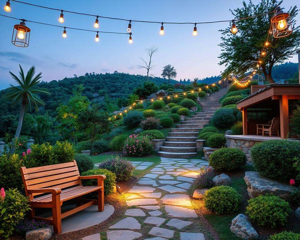 A serene hillside garden illuminated by elegant hanging lights, featuring a blend of natural stone and wooden elements. In the foreground, a charming wooden bench surrounded by lush greenery invites relaxation, while soft lighting casts a warm glow on nearby flowers and stones. The middle ground showcases a gently sloping path made of natural stone, leading up the hill, flanked by carefully arranged shrubs and blooming plants. In the background, the hillside is alive with rich foliage, under a twilight sky that paints soft pastel colors. The mood is tranquil and inviting, ideal for evening gatherings. Capture a wide-angle view that highlights the harmonious integration of nature and lighting, with a focus on warm ambient lighting suggesting a cozy atmosphere. A serene hillside garden illuminated by elegant hanging lights, featuring a blend of natural stone and wooden elements. In the foreground, a charming wooden bench surrounded by lush greenery invites relaxation, while soft lighting casts a warm glow on nearby flowers and stones. The middle ground showcases a gently sloping path made of natural stone, leading up the hill, flanked by carefully arranged shrubs and blooming plants. In the background, the hillside is alive with rich foliage, under a twilight sky that paints soft pastel colors. The mood is tranquil and inviting, ideal for evening gatherings. Capture a wide-angle view that highlights the harmonious integration of nature and lighting, with a focus on warm ambient lighting suggesting a cozy atmosphere.