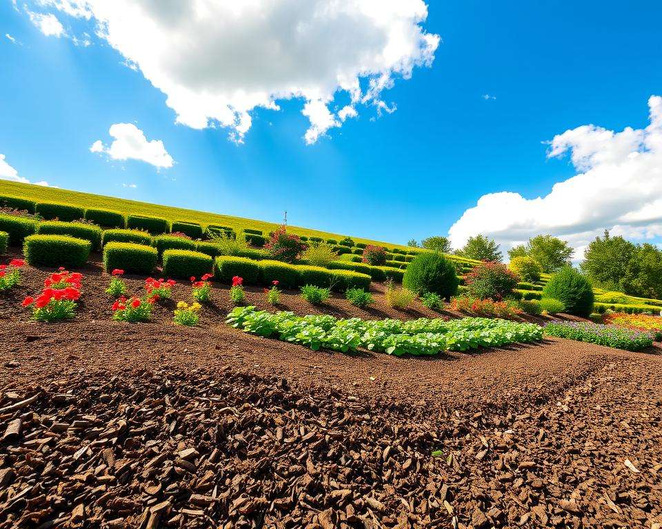 A serene hillside garden, showcasing vibrant plants and flowers arranged in tiered layers for optimal drainage and aesthetic appeal. In the foreground, a rich layer of organic mulch blankets the soil, enhancing moisture retention and weed control. In the middle ground, rows of neatly trimmed hedges and ornamental shrubs create structure, while healthy vegetable plants thrive alongside colorful annuals, illustrating effective mulching techniques. The background features a gentle slope under a bright blue sky with fluffy white clouds, bathed in warm, golden sunlight. The atmosphere is tranquil and inviting, embodying the essence of low-maintenance gardening. Capture the scene with a wide-angle lens to emphasize the depth of the garden while maintaining sharp focus on the vibrant colors and textures. A serene hillside garden, showcasing vibrant plants and flowers arranged in tiered layers for optimal drainage and aesthetic appeal. In the foreground, a rich layer of organic mulch blankets the soil, enhancing moisture retention and weed control. In the middle ground, rows of neatly trimmed hedges and ornamental shrubs create structure, while healthy vegetable plants thrive alongside colorful annuals, illustrating effective mulching techniques. The background features a gentle slope under a bright blue sky with fluffy white clouds, bathed in warm, golden sunlight. The atmosphere is tranquil and inviting, embodying the essence of low-maintenance gardening. Capture the scene with a wide-angle lens to emphasize the depth of the garden while maintaining sharp focus on the vibrant colors and textures.