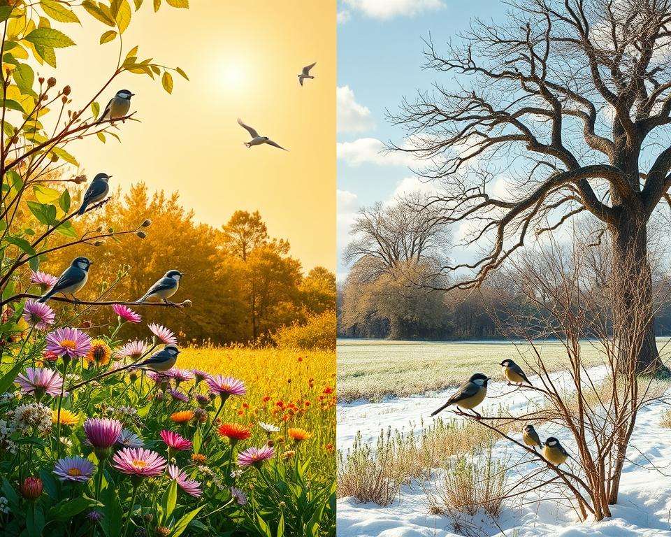 A serene landscape divided into four distinct sections, each representing a season: spring, summer, autumn, and winter. In the foreground, vibrant spring blooms with colorful wildflowers and chirping great tits (Meisen) perched on branches, surrounded by fresh green leaves. In the middle ground, summer features lush foliage and sunny skies with active blue tits flitting about. The autumn section showcases golden-hued leaves and a few foraging coal tits under an oak tree, while the winter scene reveals a snowy wonderland with hardy marsh tits amidst bare branches, soft sunlight filtering through. The lighting is warm and inviting, giving a sense of tranquility, captured with a wide-angle lens to highlight the seasonal transitions. The atmosphere is peaceful, celebrating the beauty of nature and the life of these birds throughout the year.