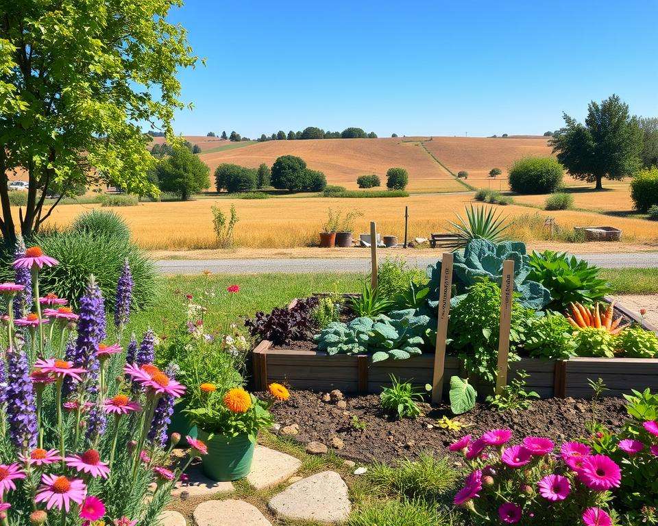 A serene, low-maintenance garden scene illustrating a seasonal care plan for easy gardening. In the foreground, various colorful perennials like lavender and echinacea bloom around a small stone path. The middle ground features a well-organized raised garden bed with a variety of herbs and resilient vegetables like kale and carrots, neatly labeled with wooden markers. In the background, a soothing backdrop of soft hills under a clear blue sky hints at distant trees and meandering paths. The sunlight creates a warm, inviting atmosphere, casting gentle shadows. The image is captured in high resolution with a wide-angle lens to encompass the spaciousness of the garden, showcasing its lushness and tranquility, perfect for inspiring readers on effortless garden care. A serene, low-maintenance garden scene illustrating a seasonal care plan for easy gardening. In the foreground, various colorful perennials like lavender and echinacea bloom around a small stone path. The middle ground features a well-organized raised garden bed with a variety of herbs and resilient vegetables like kale and carrots, neatly labeled with wooden markers. In the background, a soothing backdrop of soft hills under a clear blue sky hints at distant trees and meandering paths. The sunlight creates a warm, inviting atmosphere, casting gentle shadows. The image is captured in high resolution with a wide-angle lens to encompass the spaciousness of the garden, showcasing its lushness and tranquility, perfect for inspiring readers on effortless garden care.