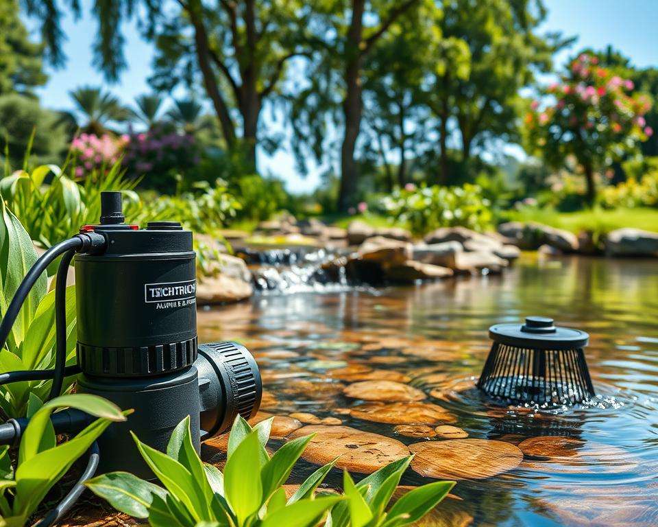 A serene natural pond scene showcasing a Teichtechnik pump, a small stream, and an efficient skimmer in action. In the foreground, detail the pump with visible pipes and electrical components, surrounded by lush green aquatic plants. The middle ground highlights the gently flowing stream, with clear water cascading over smooth stones, creating a tranquil sound. The skimmer is strategically positioned by the water’s edge, actively collecting surface debris. In the background, tall trees and flowering shrubs frame the pond, under a clear blue sky. Soft, natural sunlight filters through the leaves, casting gentle reflections on the water's surface, evoking a peaceful and harmonious atmosphere perfect for a garden paradise.