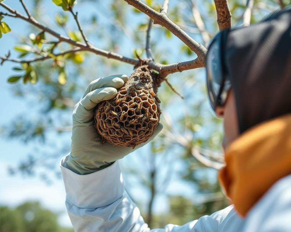 A serene outdoor scene depicting a person in professional attire, carefully inspecting a wasp nest in a tree. In the foreground, a clear view of the person with proper safety gear, including gloves and protective eyewear. The middle ground features the wasp nest, detailed and textured, showcasing its complex structure with yellow and black wasps buzzing around. The background includes softly blurred trees and a bright blue sky, suggesting a sunny day. The natural lighting emphasizes the details of the nest and the professional demeanor of the individual, conveying a sense of responsibility and care in handling wildlife. The overall mood is calm and informative, suitable for a legal context regarding environmental considerations.