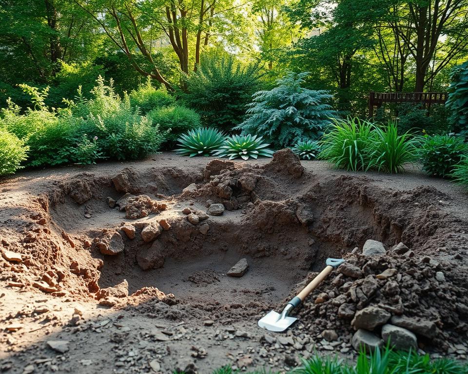 A serene scene depicting the excavation of a pond area in a lush garden landscape. In the foreground, there is a freshly dug pond basin, showcasing earthy tones of soil and rocks, with piles of excavated dirt nearby. The middle ground features garden tools like a shovel and rake, positioned neatly beside the excavation site. In the background, a variety of greenery, including bushes and trees, forms a natural border around the pond area, bathed in soft, dappled sunlight filtering through the leaves. The atmosphere is tranquil and focused, emphasizing the preparation for creating a natural pond. Use a slightly elevated angle to capture the depth of the excavation while maintaining a clear view of the surrounding garden elements.