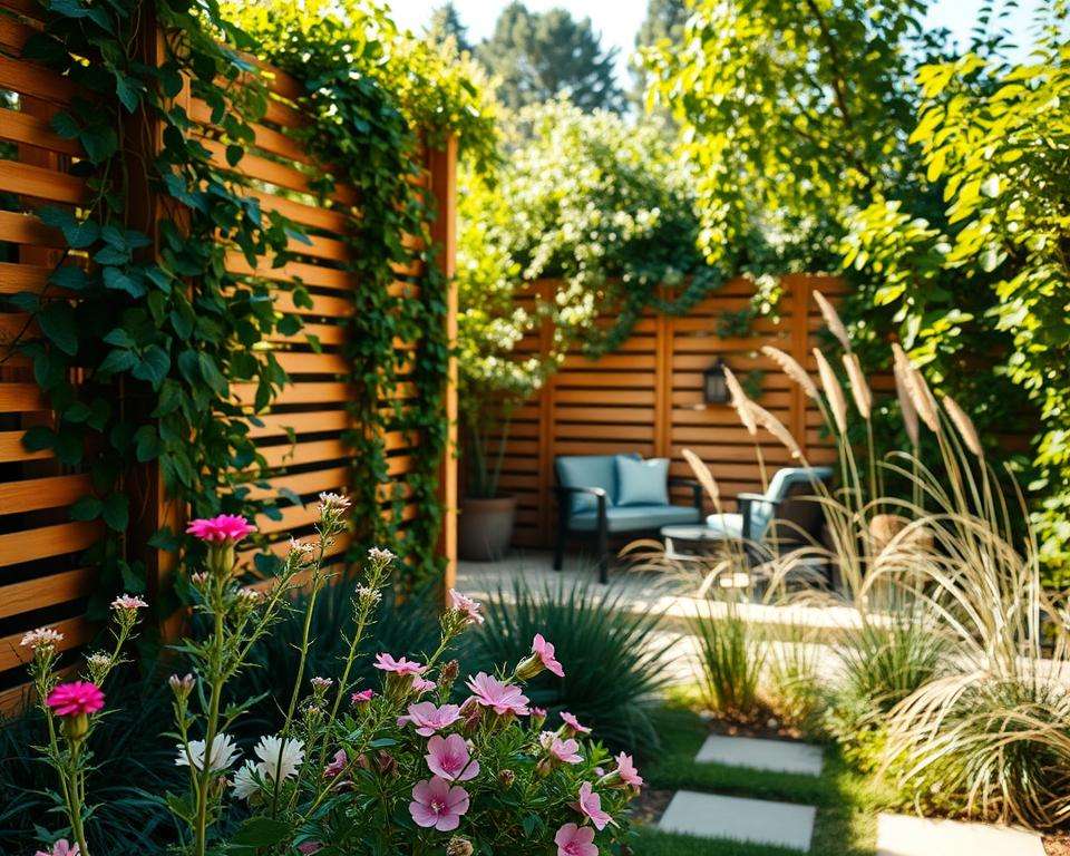 A serene small garden with a beautiful privacy screen made of natural wood slats and lush climbing plants, creating a cozy and intimate atmosphere. In the foreground, delicate flowers bloom in vibrant colors, adding a splash of life to the scene. The middle ground features a charming seating area with stylish garden furniture, surrounded by ornamental grasses for added texture. In the background, soft green foliage provides a sense of enclosure while allowing sunlight to filter through, casting gentle shadows on the ground. The lighting is warm and inviting, suggesting a late afternoon sun, with a slight golden hue. The overall mood is peaceful and inspiring, perfect for a quiet retreat. A serene small garden with a beautiful privacy screen made of natural wood slats and lush climbing plants, creating a cozy and intimate atmosphere. In the foreground, delicate flowers bloom in vibrant colors, adding a splash of life to the scene. The middle ground features a charming seating area with stylish garden furniture, surrounded by ornamental grasses for added texture. In the background, soft green foliage provides a sense of enclosure while allowing sunlight to filter through, casting gentle shadows on the ground. The lighting is warm and inviting, suggesting a late afternoon sun, with a slight golden hue. The overall mood is peaceful and inspiring, perfect for a quiet retreat.