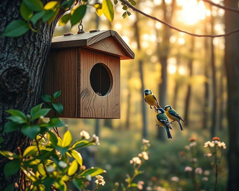 A serene view of a traditional wooden "Brutzeit Nistkasten" hanging on a tree branch in a lush forest during springtime. In the foreground, the beautifully crafted nest box features intricate wood grain textures and rustic details. The midground showcases green leaves and blooming wildflowers to emphasize the season, while a pair of vibrant blue and yellow Great Tits (Meisen) is perched nearby, curiously observing. The background reveals gently swaying trees filtered through warm, soft sunlight, creating a peaceful atmosphere. The lighting is golden and inviting, reminiscent of a late afternoon. The composition is intimate, with a shallow depth of field that softly blurs the background, focusing on the nest box and the lively birds, capturing the essence of nurturing and nature in harmony.