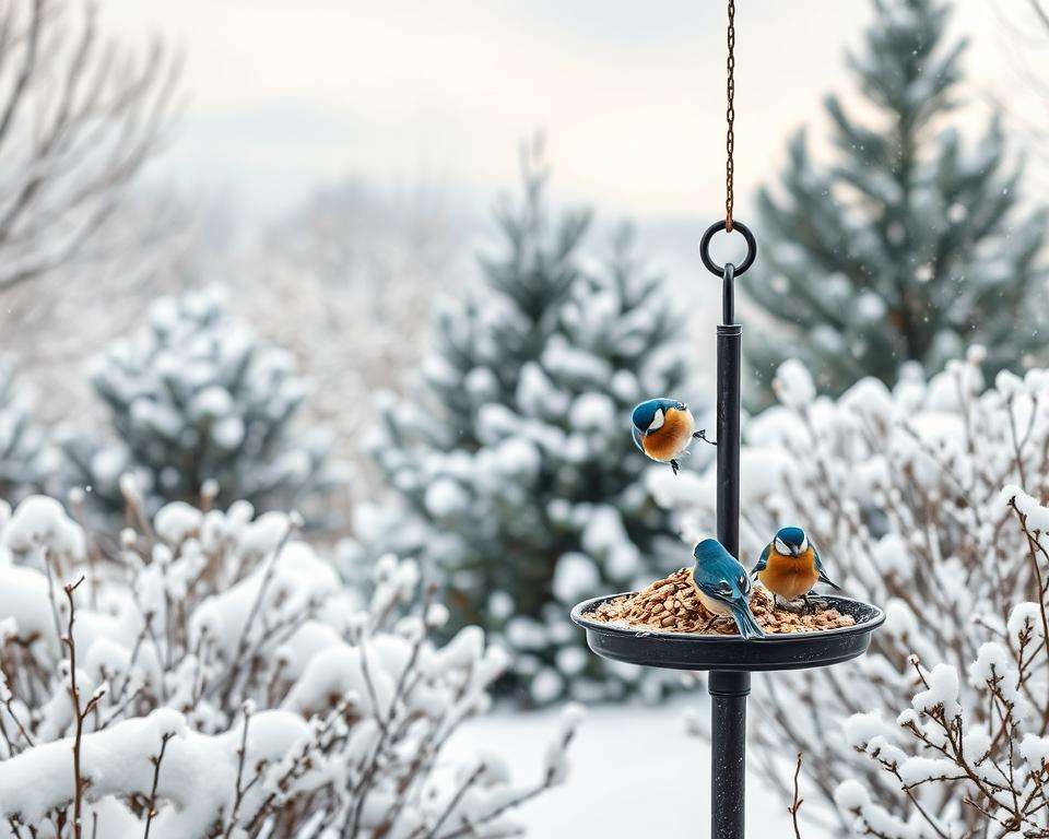 A serene winter scene showcasing a garden bird feeder surrounded by snow-covered trees and bushes. In the foreground, vibrant blue and great tits are perched on the feeder, pecking at various seeds, while a soft snowfall gently blankets the surroundings. The middle ground includes a cluster of pine trees glistening with frost, creating a tranquil atmosphere. In the background, a soft-focus view of a muted sky with wisps of clouds hints at the chilly weather. The image is illuminated by soft, natural light, emphasizing the peacefulness of the winter setting. The camera angle is slightly lower, enhancing the view of the birds and feeder against the snowy landscape, capturing the essence of winter feeding for these beautiful birds.