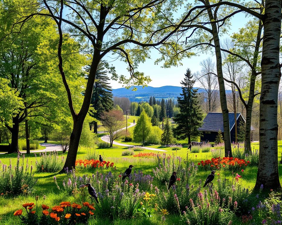A serene woodland park garden scene, featuring a variety of trees such as oaks, pines, and birches in the foreground, their leaves gently rustling in a soft breeze. Colorful wildflowers bloom at the base of the trees, attracting several species of woodpeckers, including the great spotted woodpecker and the green woodpecker, perched and foraging. In the middle ground, a winding path leads through the lush greenery, with dappled sunlight filtering through the canopy, creating a warm, inviting atmosphere. In the background, rolling hills are visible under a clear blue sky, enhancing the tranquil setting. The image captures a moment of natural beauty and biodiversity, perfect for illustrating a peaceful day in nature. A serene woodland park garden scene, featuring a variety of trees such as oaks, pines, and birches in the foreground, their leaves gently rustling in a soft breeze. Colorful wildflowers bloom at the base of the trees, attracting several species of woodpeckers, including the great spotted woodpecker and the green woodpecker, perched and foraging. In the middle ground, a winding path leads through the lush greenery, with dappled sunlight filtering through the canopy, creating a warm, inviting atmosphere. In the background, rolling hills are visible under a clear blue sky, enhancing the tranquil setting. The image captures a moment of natural beauty and biodiversity, perfect for illustrating a peaceful day in nature.