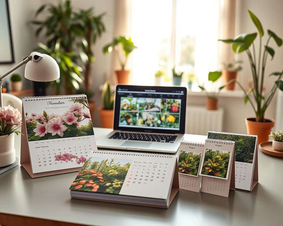 A serene workspace scene showcasing a customizable photo calendar featuring various sizes and paper qualities. In the foreground, a stylish desk holds samples of different calendar formats – large wall calendars, desk calendars, and pocket-sized versions, all adorned with vibrant garden imagery. In the middle, an open laptop displays a user interface for calendar customization, with images of blooming flowers and lush green gardens ready to be selected. In the background, a cozy, well-lit room filled with plants and natural light pouring through a window creates a warm atmosphere. The composition should emphasize creativity and personalization, with soft pastel colors for a calming effect, while maintaining a professional and inviting mood.
