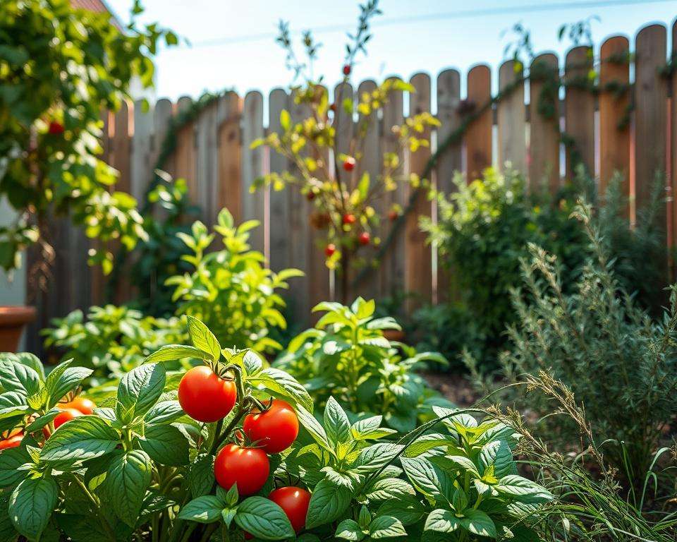 A small urban vegetable garden blooming with vibrant herbs, vegetables, and fruit trees, set in a cozy outdoor space. In the foreground, fresh basil and bright red tomatoes are interspersed with lush green leafy vegetables. The middle ground features a small cherry tree, heavy with fruits, alongside rows of fragrant herbs like rosemary and thyme. The background showcases a wooden fence, partially covered with climbing vines, and a clear blue sky above, casting gentle sunlight over the scene. The atmosphere is serene and inviting, perfect for a small gardening paradise. The image is captured with a soft-focus lens to create a warm, tranquil mood, emphasizing the rich textures and colors of the plants. A small urban vegetable garden blooming with vibrant herbs, vegetables, and fruit trees, set in a cozy outdoor space. In the foreground, fresh basil and bright red tomatoes are interspersed with lush green leafy vegetables. The middle ground features a small cherry tree, heavy with fruits, alongside rows of fragrant herbs like rosemary and thyme. The background showcases a wooden fence, partially covered with climbing vines, and a clear blue sky above, casting gentle sunlight over the scene. The atmosphere is serene and inviting, perfect for a small gardening paradise. The image is captured with a soft-focus lens to create a warm, tranquil mood, emphasizing the rich textures and colors of the plants.