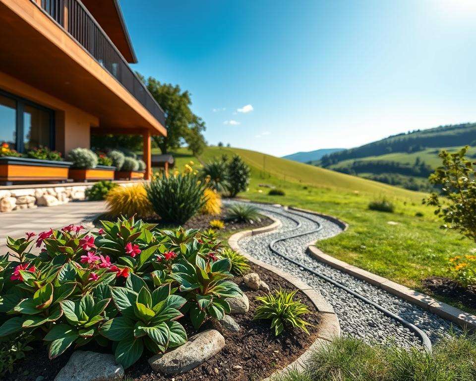 A stunning landscape showcasing a well-designed "Drainage Hanggarten" in residential architecture. In the foreground, a meticulously arranged garden bed features vibrant, healthy plants with deep green leaves and colorful flowers, neatly bordered by decorative stones. In the middle ground, a subtle drainage system is visible, consisting of labyrinth-like channels lined with gravel, expertly directing water away from the garden. The background reveals a gently sloping terrain leading to lush green hills under a clear blue sky, with soft sunlight creating a warm, inviting atmosphere. The scene is captured from a slightly elevated angle, emphasizing the harmonious integration of nature and design, highlighting sustainable practices to prevent water stagnation while maintaining moisture. The overall mood is tranquil and rejuvenating, ideal for encouraging a green thumb. A stunning landscape showcasing a well-designed "Drainage Hanggarten" in residential architecture. In the foreground, a meticulously arranged garden bed features vibrant, healthy plants with deep green leaves and colorful flowers, neatly bordered by decorative stones. In the middle ground, a subtle drainage system is visible, consisting of labyrinth-like channels lined with gravel, expertly directing water away from the garden. The background reveals a gently sloping terrain leading to lush green hills under a clear blue sky, with soft sunlight creating a warm, inviting atmosphere. The scene is captured from a slightly elevated angle, emphasizing the harmonious integration of nature and design, highlighting sustainable practices to prevent water stagnation while maintaining moisture. The overall mood is tranquil and rejuvenating, ideal for encouraging a green thumb.