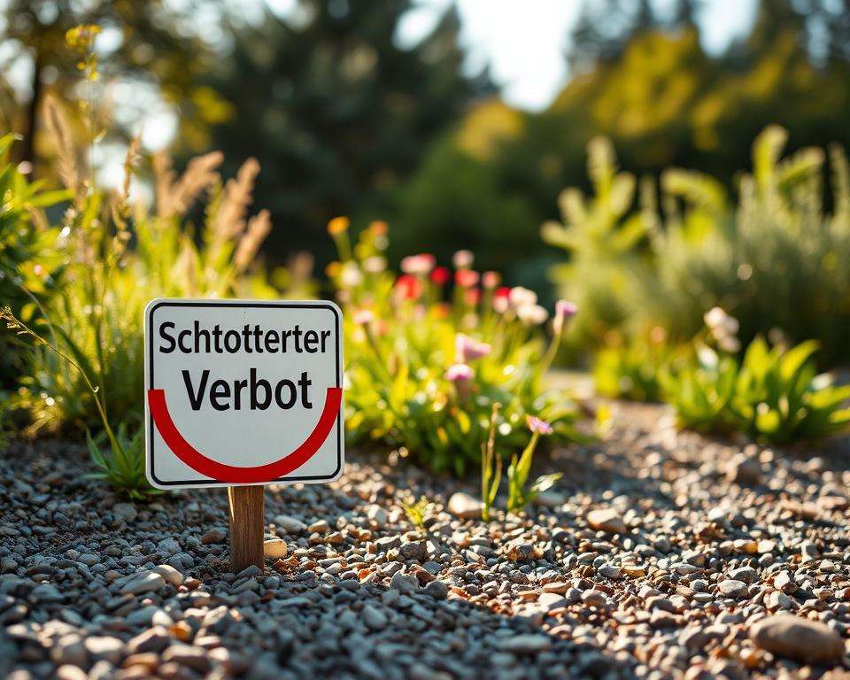 A tranquil garden scene depicting a "Schottergarten Verbot" sign prominently in the foreground, surrounded by various textures of gravel and stones. In the middle ground, contrasting natural elements like wildflowers and greenery thrive, suggesting an ecosystem coexistence. The background features a softly blurred mix of trees and shrubs, bathed in warm afternoon sunlight, creating a serene atmosphere. The lighting should emphasize the textures of the gravel and the vibrant colors of the plants, evoking a sense of peace and maintenance ease. The composition is captured from a slightly low angle, inviting the viewer to engage with both the sign and the lush environment around it, highlighting the legal and ecological aspects of garden design. A tranquil garden scene depicting a "Schottergarten Verbot" sign prominently in the foreground, surrounded by various textures of gravel and stones. In the middle ground, contrasting natural elements like wildflowers and greenery thrive, suggesting an ecosystem coexistence. The background features a softly blurred mix of trees and shrubs, bathed in warm afternoon sunlight, creating a serene atmosphere. The lighting should emphasize the textures of the gravel and the vibrant colors of the plants, evoking a sense of peace and maintenance ease. The composition is captured from a slightly low angle, inviting the viewer to engage with both the sign and the lush environment around it, highlighting the legal and ecological aspects of garden design.
