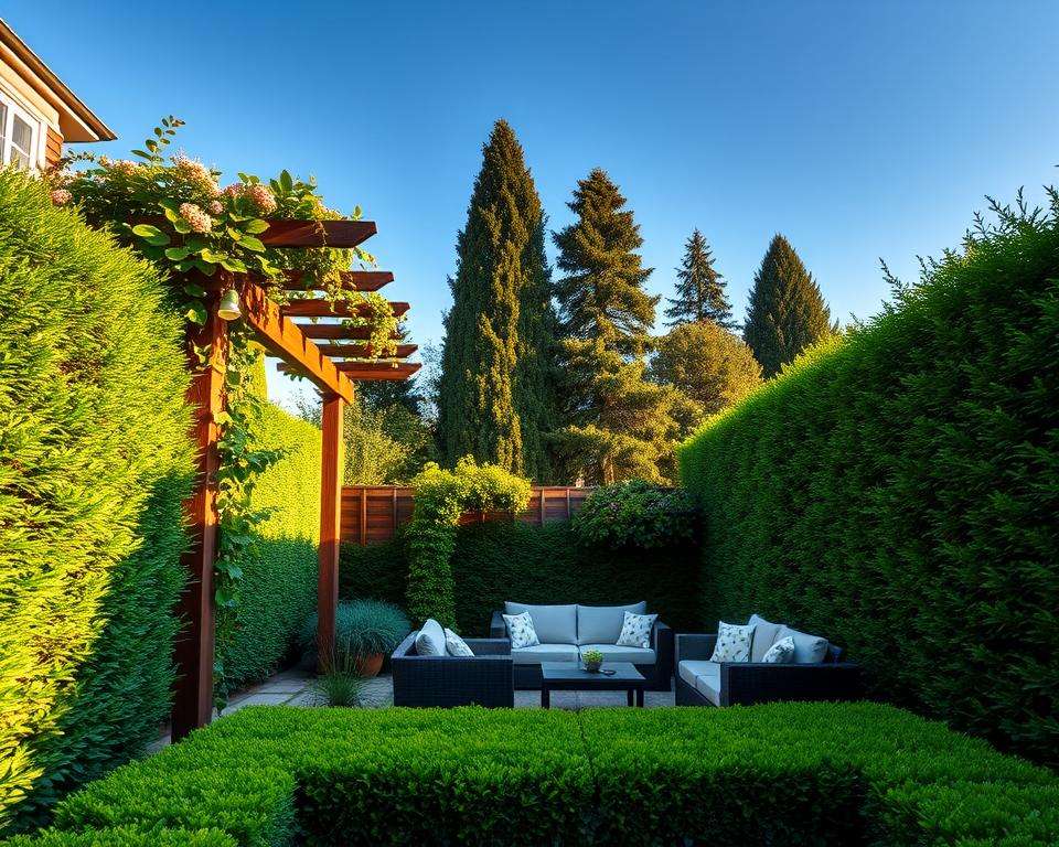 A tranquil garden scene designed for privacy, featuring lush green hedges creating a natural barrier on two sides. In the foreground, an elegant wooden pergola adorned with climbing vines and flowering plants provides a shaded retreat. The middle ground showcases a quaint seating area with comfortable outdoor furniture and soft cushions, inviting relaxation. In the background, tall trees rise against a clear blue sky, filtering soft golden sunlight, creating a warm and inviting atmosphere. The scene is captured from a slightly elevated angle, highlighting the layout and harmony of nature within the space. The overall mood is serene and peaceful, emphasizing comfort and seclusion in a carefully curated outdoor oasis.