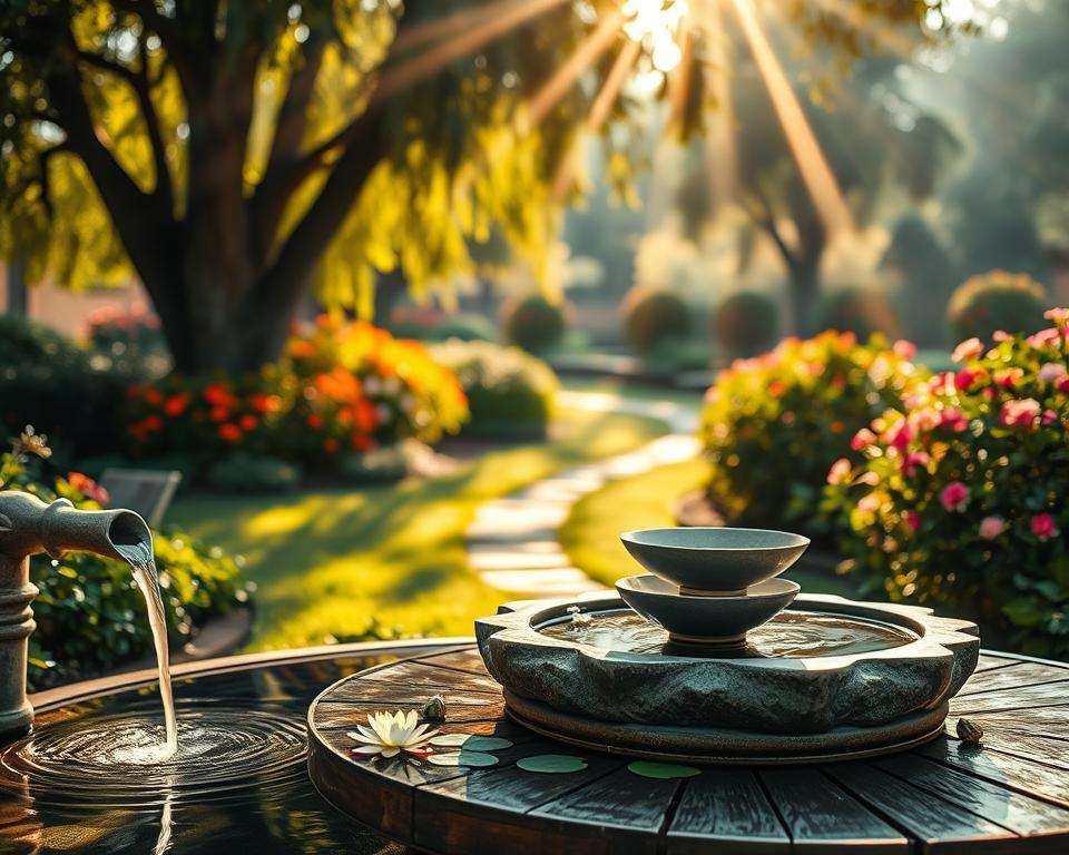A tranquil garden scene featuring a serene water element. In the foreground, a beautifully crafted stone fountain gently spills water into a small, circular miniteich surrounded by lush greenery and colorful flowers. Water lilies float gracefully atop the pond’s surface. Rays of warm, golden sunlight filter through the leaves of tall trees, casting dappled shadows on the ground. In the middle ground, a set of elegant, shallow water bowls sits on a rustic wooden table, reflecting the vibrant colors of the garden. The background reveals a softly blurred garden path lined with blooming shrubs, enhancing the peaceful ambiance. The atmosphere is calm and inviting, evoking a sense of relaxation and harmony with nature. The image should be captured with a soft focus lens to create a dreamy, picturesque quality.