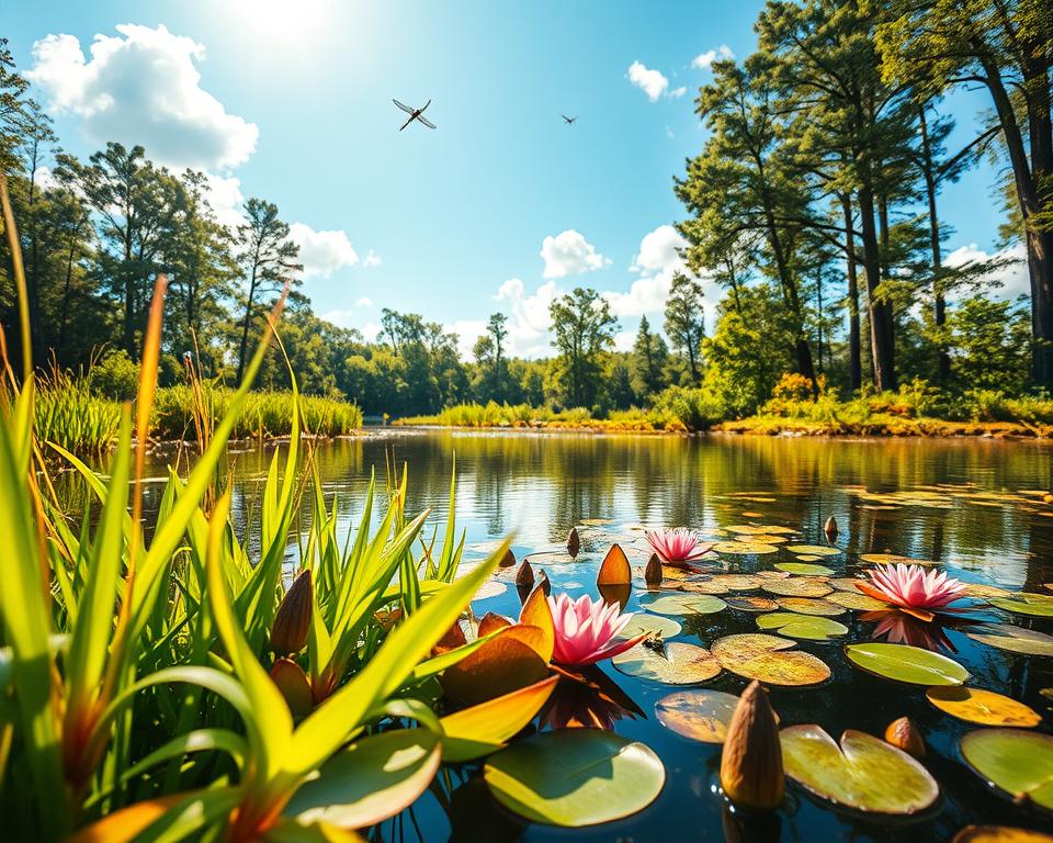 A tranquil natural pond scene, emphasizing pristine water quality without chemicals. In the foreground, vibrant aquatic plants like water lilies and reeds gently ripple in the soft breeze. The middle ground features a clear pond surrounded by lush greenery, with reflective surfaces capturing dappled sunlight filtering through trees. Dragonflies hover above the water, enhancing the serene ambiance. In the background, a sunlit forest with tall trees frames the pond, creating a peaceful retreat. The sky is bright blue with fluffy white clouds, casting gentle shadows. The lighting is warm and inviting, evoking a sense of harmony and natural balance. The overall mood is serene and idyllic, perfect for illustrating sustainable water quality in a natural setting.