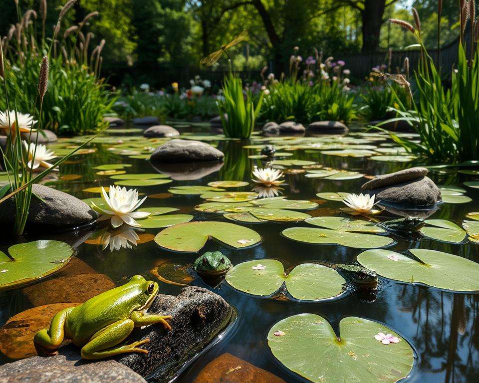 A tranquil natural pond scene teeming with life, showcasing vibrant amphibians like frogs and newts resting on lily pads and partially submerged rocks. In the foreground, a green frog with glossy skin sits near the edge of the pond, blending seamlessly with the lush surrounding vegetation. The middle ground features delicate water lilies blooming and dragonflies hovering above the surface. In the background, a serene bank lined with reeds, wildflowers, and soft sunlight filtering through the trees casts gentle reflections in the water. The atmosphere is peaceful and harmonious, highlighting the importance of supporting local biodiversity in garden ecosystems. The image is well-lit, capturing the fresh greenery and colorful wildlife with a shallow depth of field to softly blur the background, emphasizing the amphibians.