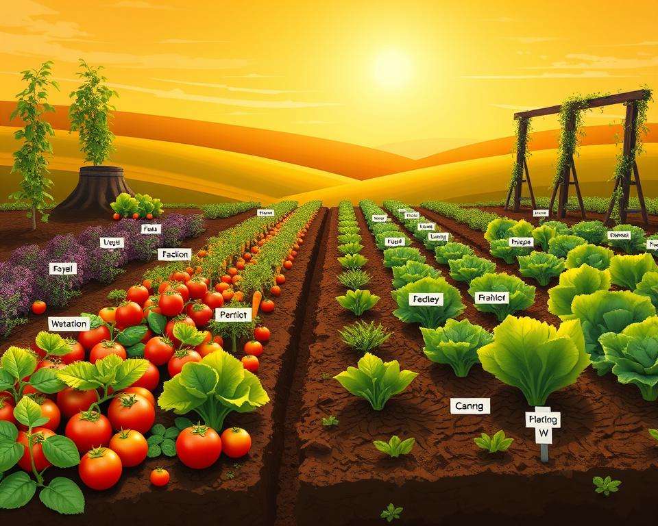 A vibrant and detailed illustration of a crop rotation garden in a well-maintained vegetable patch. In the foreground, a variety of colorful vegetables like tomatoes, carrots, and lettuce emerge from rich, dark soil, each plant arranged thoughtfully to display their unique shapes and colors. The middle ground features distinct rows planted with different crops, labeled and organized in a harmonious pattern that illustrates the concept of crop rotation and companion planting. In the background, a sun-drenched sky casts a warm golden light over the scene, while gentle hills and a trellis with climbing plants create a serene rural atmosphere. The image embodies a sense of growth, sustainability, and the beauty of nature, inviting viewers to explore the joys of gardening throughout the year. A vibrant and detailed illustration of a crop rotation garden in a well-maintained vegetable patch. In the foreground, a variety of colorful vegetables like tomatoes, carrots, and lettuce emerge from rich, dark soil, each plant arranged thoughtfully to display their unique shapes and colors. The middle ground features distinct rows planted with different crops, labeled and organized in a harmonious pattern that illustrates the concept of crop rotation and companion planting. In the background, a sun-drenched sky casts a warm golden light over the scene, while gentle hills and a trellis with climbing plants create a serene rural atmosphere. The image embodies a sense of growth, sustainability, and the beauty of nature, inviting viewers to explore the joys of gardening throughout the year.