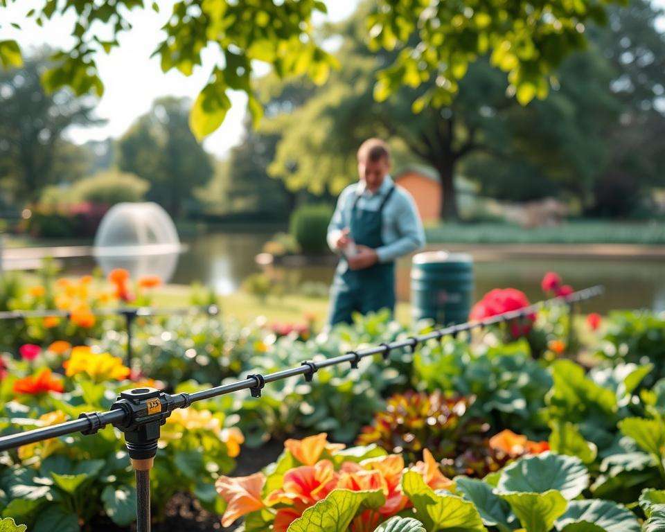 A vibrant and efficient garden irrigation scene showcasing a beautifully designed mixed garden. In the foreground, a drip irrigation system is set among colorful flowerbeds and leafy vegetables, demonstrating a sustainable watering approach. In the middle, a gardener in professional attire inspects the setup, with a focus on the greenery and water-efficient features, such as rain barrels and moisture sensors. The background features lush trees and a serene pond reflecting the sky, creating a peaceful atmosphere. Soft, natural daylight filters through the leaves, casting dappled shadows, while a slight lens blur adds depth to the scene. The overall mood is tranquil and productive, emphasizing effective water management in a sustainable garden setting. A vibrant and efficient garden irrigation scene showcasing a beautifully designed mixed garden. In the foreground, a drip irrigation system is set among colorful flowerbeds and leafy vegetables, demonstrating a sustainable watering approach. In the middle, a gardener in professional attire inspects the setup, with a focus on the greenery and water-efficient features, such as rain barrels and moisture sensors. The background features lush trees and a serene pond reflecting the sky, creating a peaceful atmosphere. Soft, natural daylight filters through the leaves, casting dappled shadows, while a slight lens blur adds depth to the scene. The overall mood is tranquil and productive, emphasizing effective water management in a sustainable garden setting.