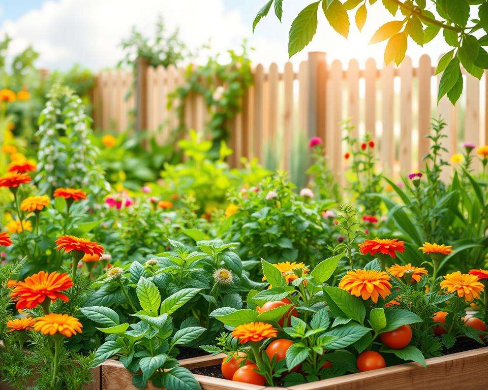 A vibrant and lush edible garden scene featuring a children's vegetable patch interspersed with colorful herb plants and snack bushes. In the foreground, a small raised vegetable bed with ripe tomatoes, carrots, and leafy greens, surrounded by cheerful marigolds. The middle ground showcases aromatic herbs like basil, mint, and rosemary, while a few playful berry bushes can be seen, enticing for little hands. The background includes a sun-drenched, sunny sky with soft clouds, and a cozy wooden fence that hints at a welcoming family space. Natural light filters through the leaves, casting gentle shadows. The atmosphere is joyful and inviting, perfect for fostering children's curiosity about gardening. A vibrant and lush edible garden scene featuring a children's vegetable patch interspersed with colorful herb plants and snack bushes. In the foreground, a small raised vegetable bed with ripe tomatoes, carrots, and leafy greens, surrounded by cheerful marigolds. The middle ground showcases aromatic herbs like basil, mint, and rosemary, while a few playful berry bushes can be seen, enticing for little hands. The background includes a sun-drenched, sunny sky with soft clouds, and a cozy wooden fence that hints at a welcoming family space. Natural light filters through the leaves, casting gentle shadows. The atmosphere is joyful and inviting, perfect for fostering children's curiosity about gardening.