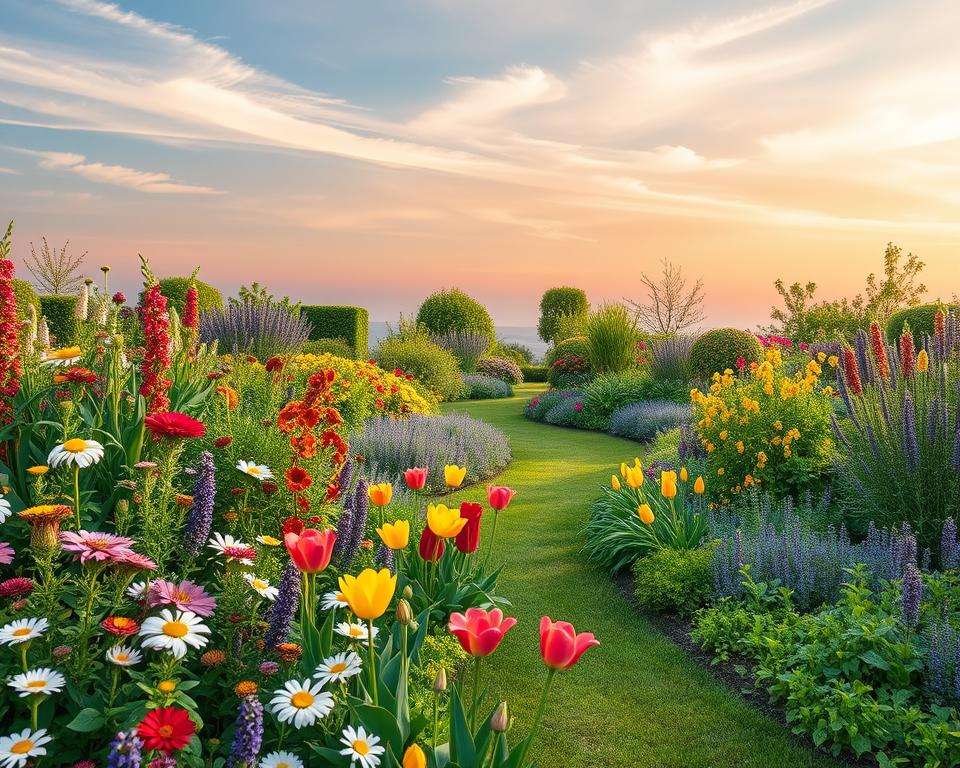 A vibrant and lush garden design concept showcasing a year-round planting scheme. In the foreground, colorful flowers bloom in various shapes and sizes, including daisies, tulips, and lavender, interspersed with foliage in shades of green. The middle ground features a winding pathway bordered by perennials, small shrubs, and seasonal vegetables, demonstrating diverse textures and heights. In the background, a serene backdrop of soft, gradient sky with wispy clouds enhances the tranquil atmosphere, while the sunlight casts a warm glow, illuminating the garden. The angle is slightly elevated, offering a panoramic view of the harmonious color palette and carefully organized planting scheme that transitions seamlessly through the seasons. The overall mood is inviting and joyful, evoking a sense of inspiration for dream garden design. A vibrant and lush garden design concept showcasing a year-round planting scheme. In the foreground, colorful flowers bloom in various shapes and sizes, including daisies, tulips, and lavender, interspersed with foliage in shades of green. The middle ground features a winding pathway bordered by perennials, small shrubs, and seasonal vegetables, demonstrating diverse textures and heights. In the background, a serene backdrop of soft, gradient sky with wispy clouds enhances the tranquil atmosphere, while the sunlight casts a warm glow, illuminating the garden. The angle is slightly elevated, offering a panoramic view of the harmonious color palette and carefully organized planting scheme that transitions seamlessly through the seasons. The overall mood is inviting and joyful, evoking a sense of inspiration for dream garden design.