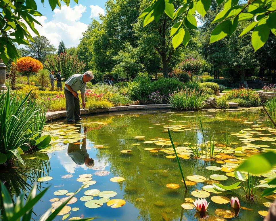 A vibrant and serene natural pond (Teich) in a lush garden setting, showcasing essential maintenance activities. In the foreground, a gardener in modest casual clothing is gently pruning aquatic plants and checking water clarity, surrounded by lush green foliage. The middle ground features the tranquil pond, with crystal-clear water reflecting the blue sky and fluffy white clouds, along with colorful pond plants like lilies and reeds. In the background, a variety of flowering plants and trees create a harmonious landscape. Soft, warm sunlight filters through the leaves, casting gentle shadows and creating a peaceful, inviting atmosphere. The composition should have depth, capturing the essence of garden care throughout the seasons.