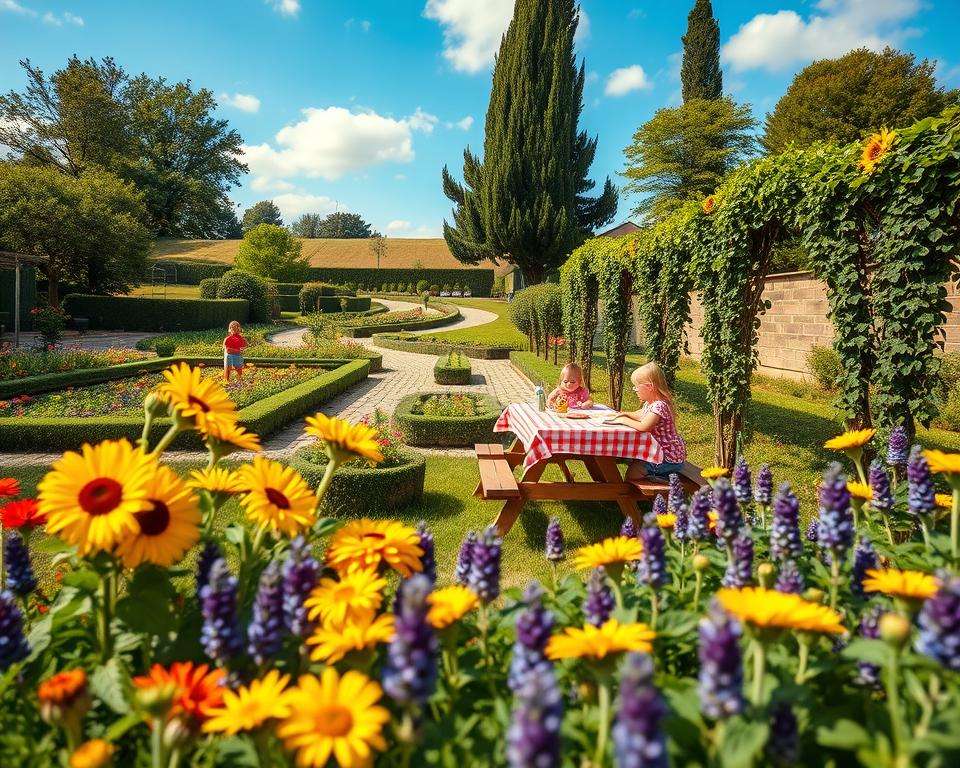 A vibrant family garden scene showcasing various design ideas. In the foreground, a colorful flower bed with blooming sunflowers, marigolds, and lavender, interspersed with green leafy plants. In the middle ground, a wooden picnic table set with a checkered tablecloth, surrounded by cheerful children playing with garden toys. A sun-dappled path winds through the garden, bordered by neat hedges and climbing vines. In the background, a gentle slope with tall trees providing shade, under a clear blue sky with soft clouds. The lighting is warm and inviting, resembling a late afternoon glow, creating a joyful and harmonious atmosphere. The angle captures a wide view of the garden, highlighting its lushness and welcoming feel. A vibrant family garden scene showcasing various design ideas. In the foreground, a colorful flower bed with blooming sunflowers, marigolds, and lavender, interspersed with green leafy plants. In the middle ground, a wooden picnic table set with a checkered tablecloth, surrounded by cheerful children playing with garden toys. A sun-dappled path winds through the garden, bordered by neat hedges and climbing vines. In the background, a gentle slope with tall trees providing shade, under a clear blue sky with soft clouds. The lighting is warm and inviting, resembling a late afternoon glow, creating a joyful and harmonious atmosphere. The angle captures a wide view of the garden, highlighting its lushness and welcoming feel.