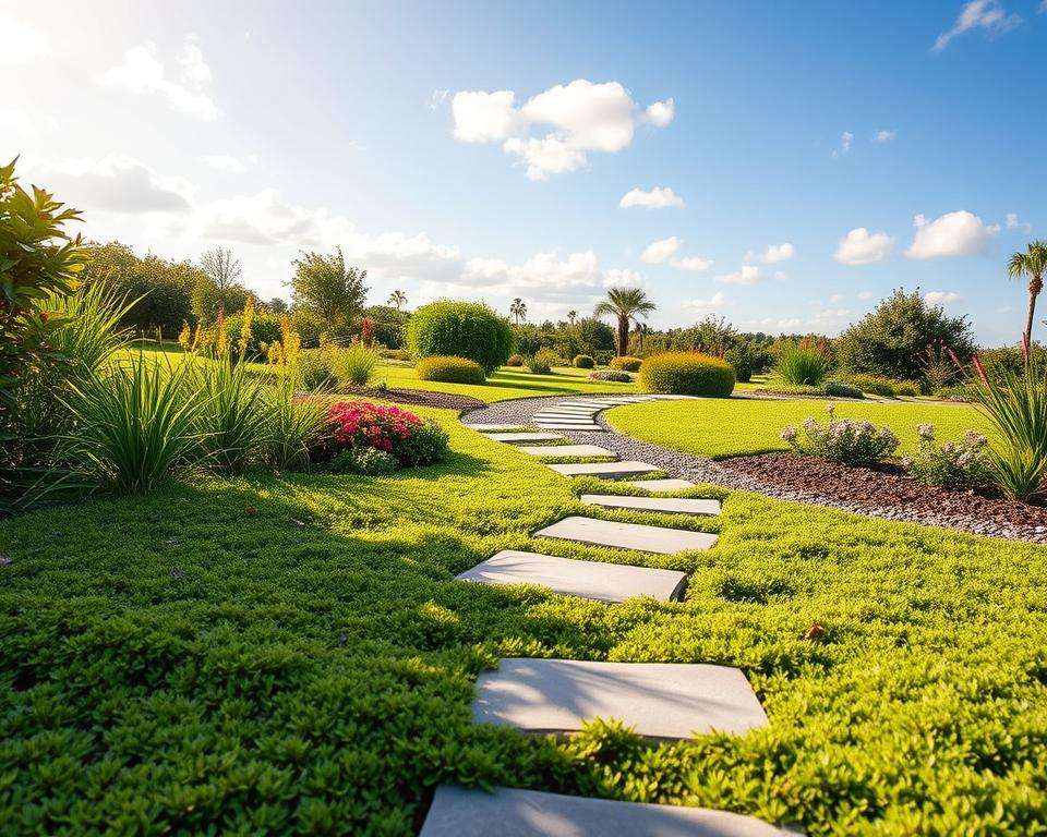A vibrant garden scene showcasing an alternative to traditional grass lawns. In the foreground, a beautifully arranged ground cover of low-maintenance plants, like moss or creeping thyme, with smooth stepping stones leading through the space. In the middle, a path made of natural stone, integrating various textured surfaces like gravel and mulch, surrounded by lush greenery and colorful flowering plants, conveying a sense of tranquility. The background features a sunny garden with scattered bushes and small trees, under a bright blue sky with soft, fluffy clouds. The lighting is warm and inviting, suggesting midday sun, enhancing the lush colors and textures. The atmosphere feels serene and harmonious, ideal for a low-maintenance gardening aesthetic. A vibrant garden scene showcasing an alternative to traditional grass lawns. In the foreground, a beautifully arranged ground cover of low-maintenance plants, like moss or creeping thyme, with smooth stepping stones leading through the space. In the middle, a path made of natural stone, integrating various textured surfaces like gravel and mulch, surrounded by lush greenery and colorful flowering plants, conveying a sense of tranquility. The background features a sunny garden with scattered bushes and small trees, under a bright blue sky with soft, fluffy clouds. The lighting is warm and inviting, suggesting midday sun, enhancing the lush colors and textures. The atmosphere feels serene and harmonious, ideal for a low-maintenance gardening aesthetic.