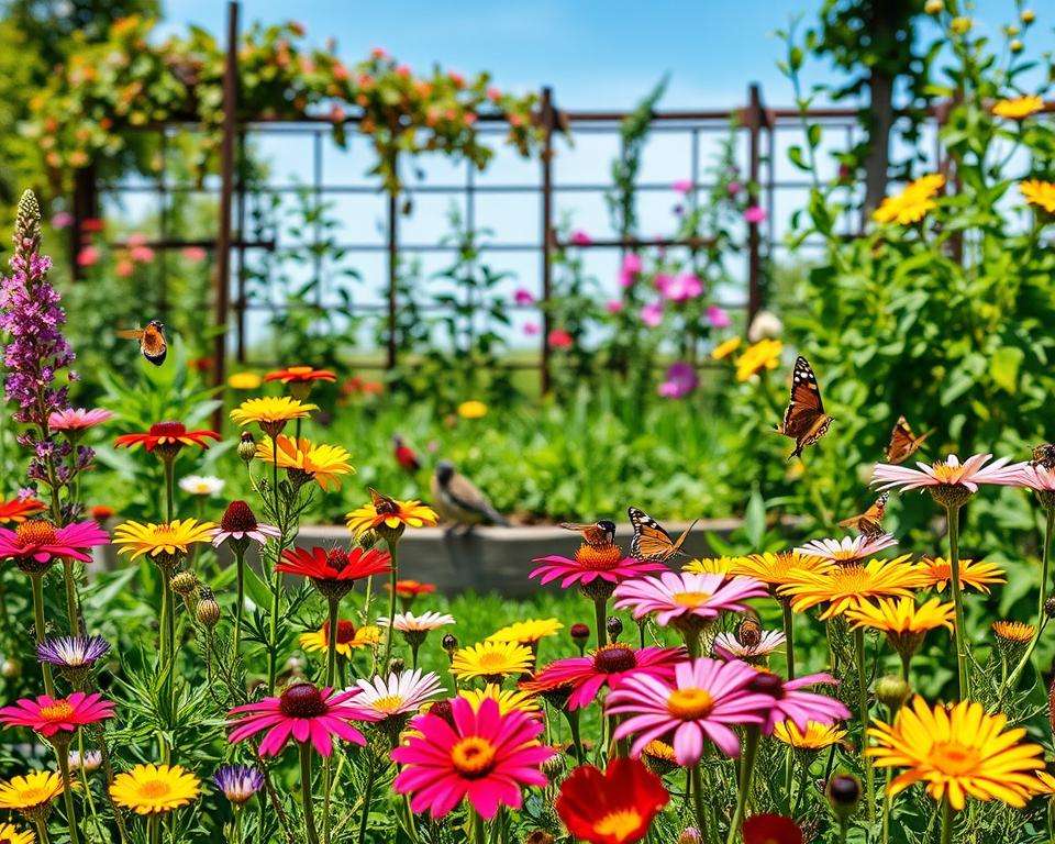 A vibrant garden scene showcasing biodiversity, featuring a variety of colorful wildflowers in full bloom in the foreground, attracting friendly insects such as butterflies and bees. In the middle ground, a small vegetable patch and native plants coexist harmoniously, with a few birds perched on branches, contributing to the lively ecosystem. In the background, a trellis with climbing vines supports flowering plants, and a clear blue sky filters soft sunlight, creating a warm, inviting atmosphere. The image should evoke a sense of peace, connection to nature, and the beauty of a flourishing garden. The scene is captured from a slightly elevated angle, emphasizing the layers of plants and the lush variety of colors and textures. A vibrant garden scene showcasing biodiversity, featuring a variety of colorful wildflowers in full bloom in the foreground, attracting friendly insects such as butterflies and bees. In the middle ground, a small vegetable patch and native plants coexist harmoniously, with a few birds perched on branches, contributing to the lively ecosystem. In the background, a trellis with climbing vines supports flowering plants, and a clear blue sky filters soft sunlight, creating a warm, inviting atmosphere. The image should evoke a sense of peace, connection to nature, and the beauty of a flourishing garden. The scene is captured from a slightly elevated angle, emphasizing the layers of plants and the lush variety of colors and textures.